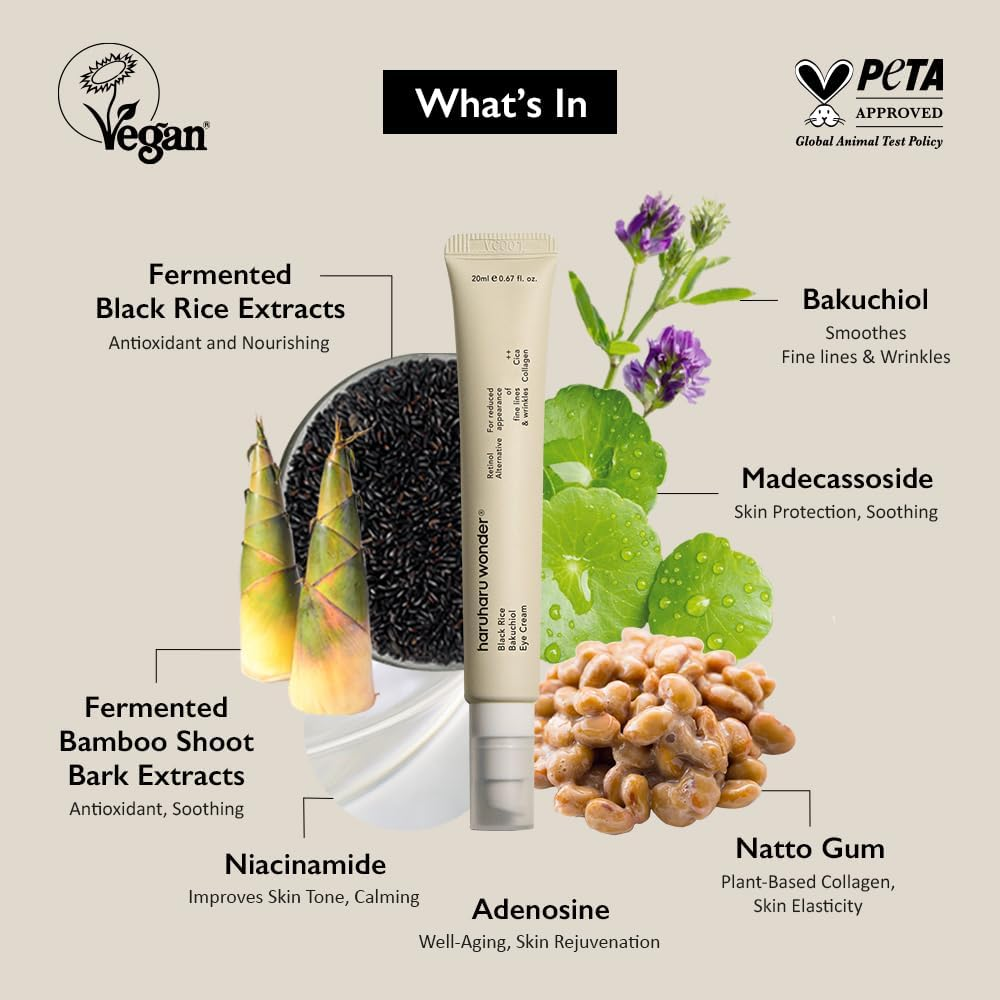 Haruharu Wonder Black Rice Bakuchiol Eye Cream, Smooths Fine Lines & Crow&rsquo;S Feet, Reduces Puffiness & Dark Circles, Lightweight Day and Night Care, 0.67 Fl.Oz image number 3