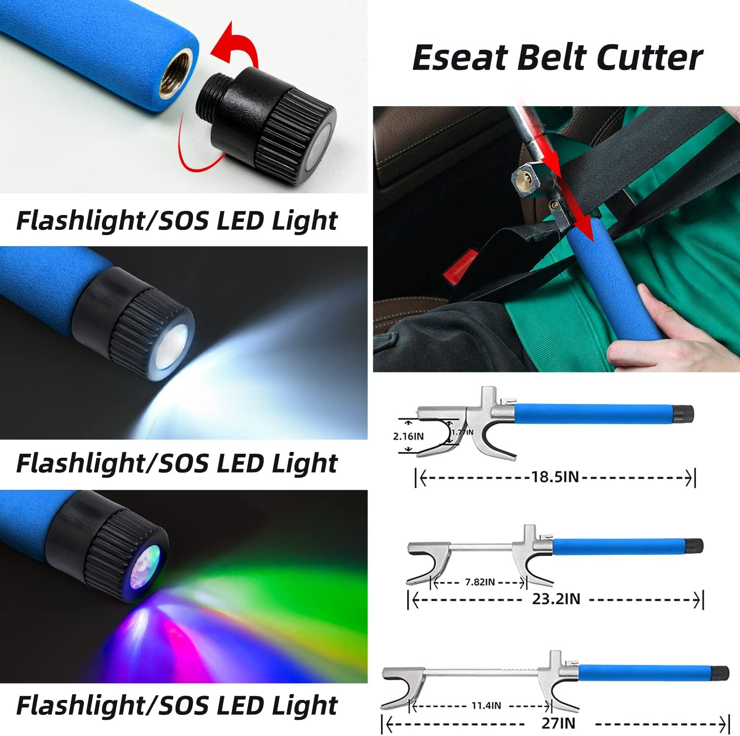 4-In-1 Steering Wheel Lock with Flashlight/Sos LED Ligth,Seat Belt Cutter,Escape Hammer,2 Keys Retractable Steering Lock,Vehicle Anti-Theft Lock，Universal for Auto/Truck/Suv/Van(Blue) image number 5