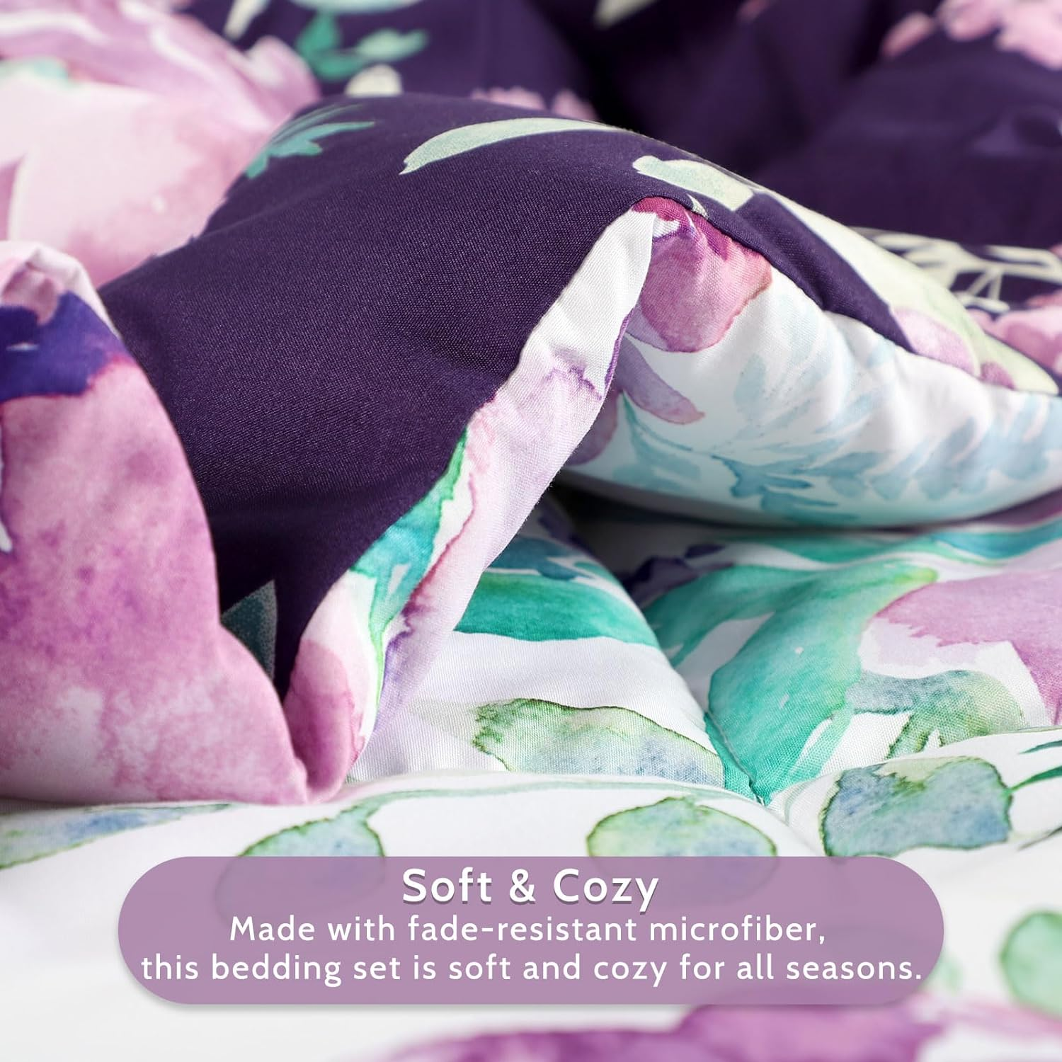 TANOFAR Queen Comforter Set, Purple Bedding Comforter Sets, All Season Bed Set Queen Size, 3 Pieces, 1 Soft Reversible Flowers Comforter and 2 Pillow Shams, Cozy & Lightweight image number 6