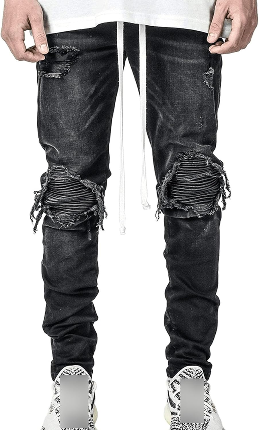 Zylphorix Men Drawstring Stretch Jeans with Holes Casual Elastic Ripped Skinny Denim Pant Y2K 90S Mid Waist Pencil Trouser, Black, Small image number 2