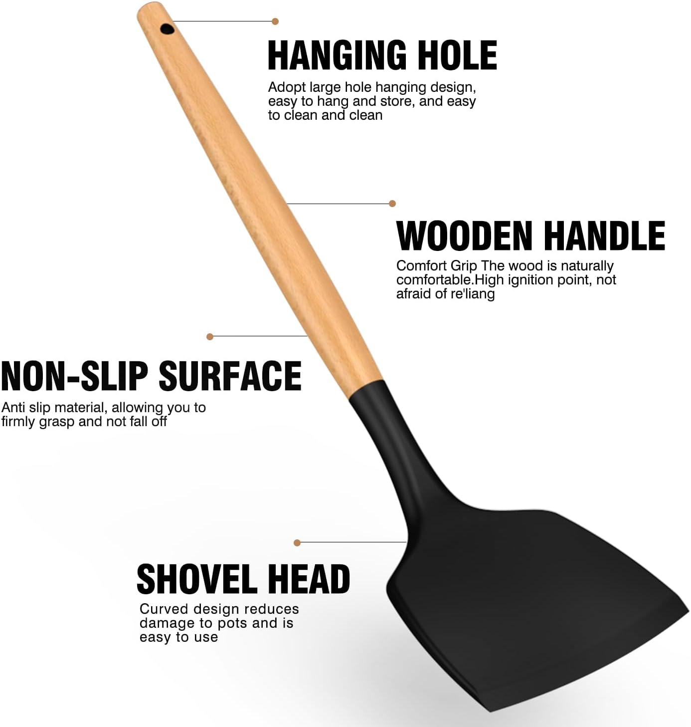 Silicone Cooking Utensils Set - 446&deg;F Heat Resistant Silicone Kitchen Utensils for Cooking, Kitchen Utensil Spatula Set W Wooden Handles and Holder, BPA Free Gadgets for Non-Stick Cookware (Black) image number 5