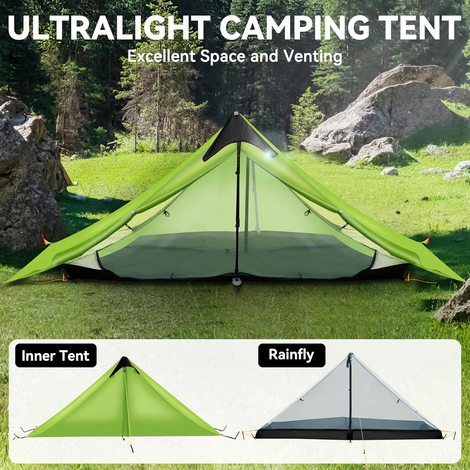 Ultralight Tent 3-Season Backpacking Tent 1 Person/2 Person Camping Tent, Outdoor Lightweight Lanshan Camping Tent Shelter, Perfect for Camping, Trekking, Climbing, Hiking image number 5