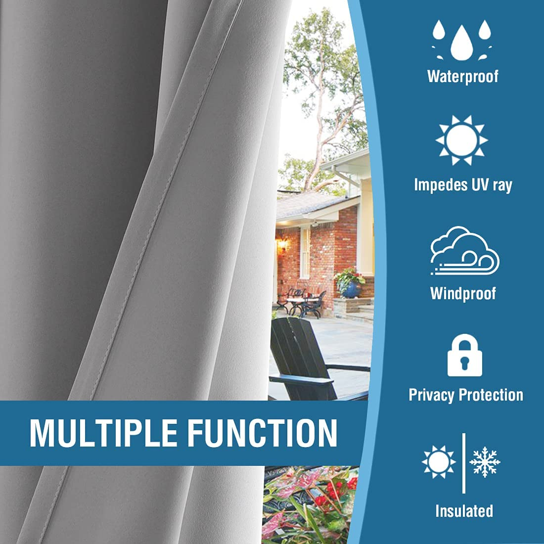 SMARCUTE Indoor Outdoor Curtains for Patio Waterproof Stainless Steel Silver Grommet Thermal Insulated Blackout Outdoor Drapes for Deck/Gazebo, Dove, 1 Panel, W132Cm X D213Cm