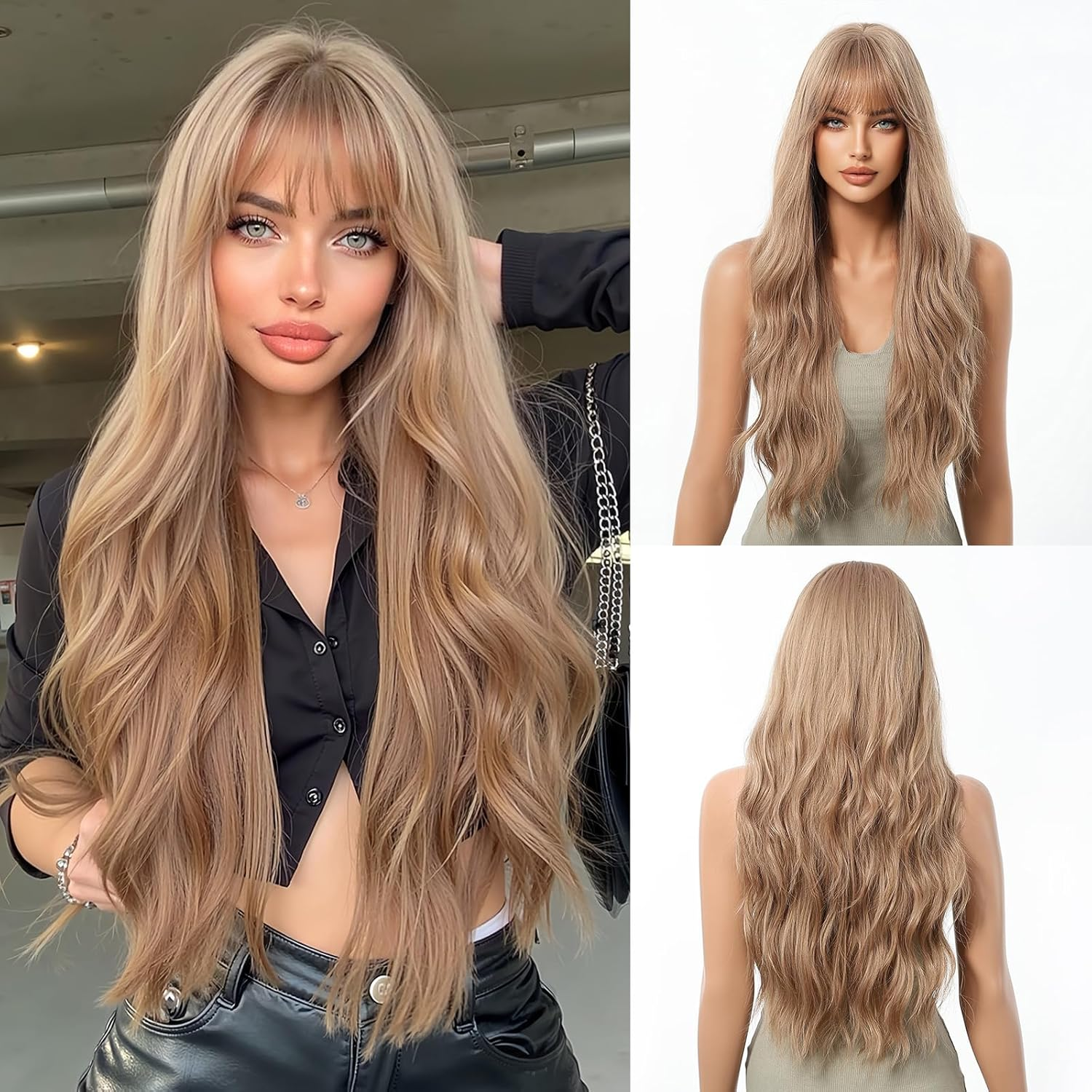 KIELO Long Wavy Synthetic Wig, Light Blonde, 66 Cm, Heat Resistant, Middle Part
