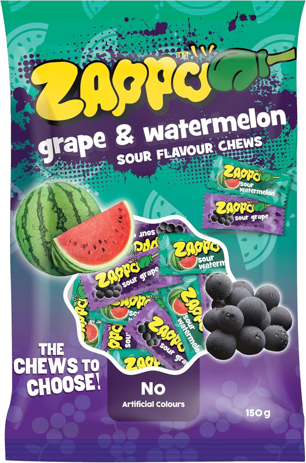 Zappo Grape and Watermelon Sour Chews 150 G Bag Chewy Lollies for Snacking and Lolly Bags image number 3