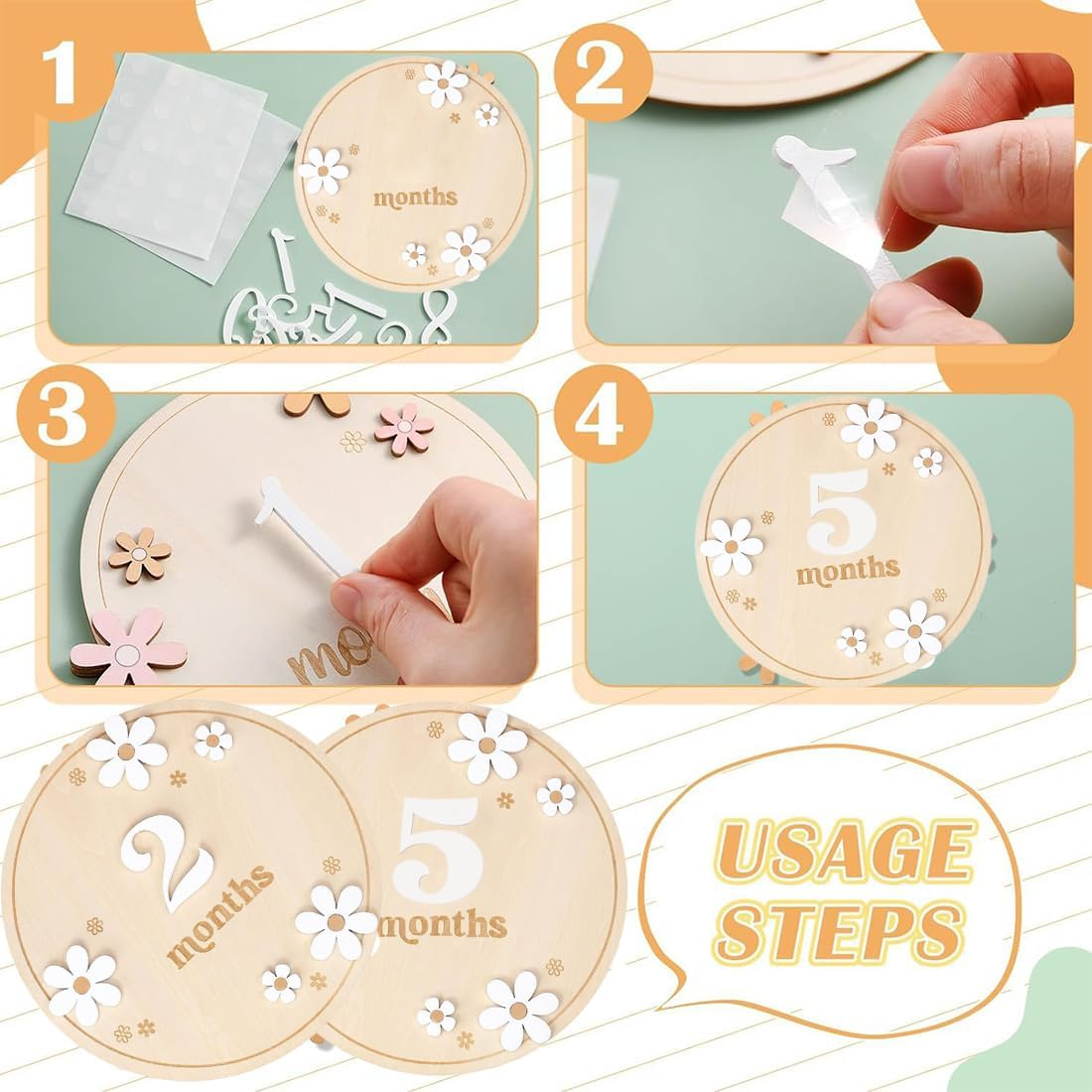 1 Set Baby Monthly Milestone Cards with Adhesive Dots, Flower Style, Wooden Photo Props for Toddlers from 0-12 Months, Baby Shower Growth Record image number 3