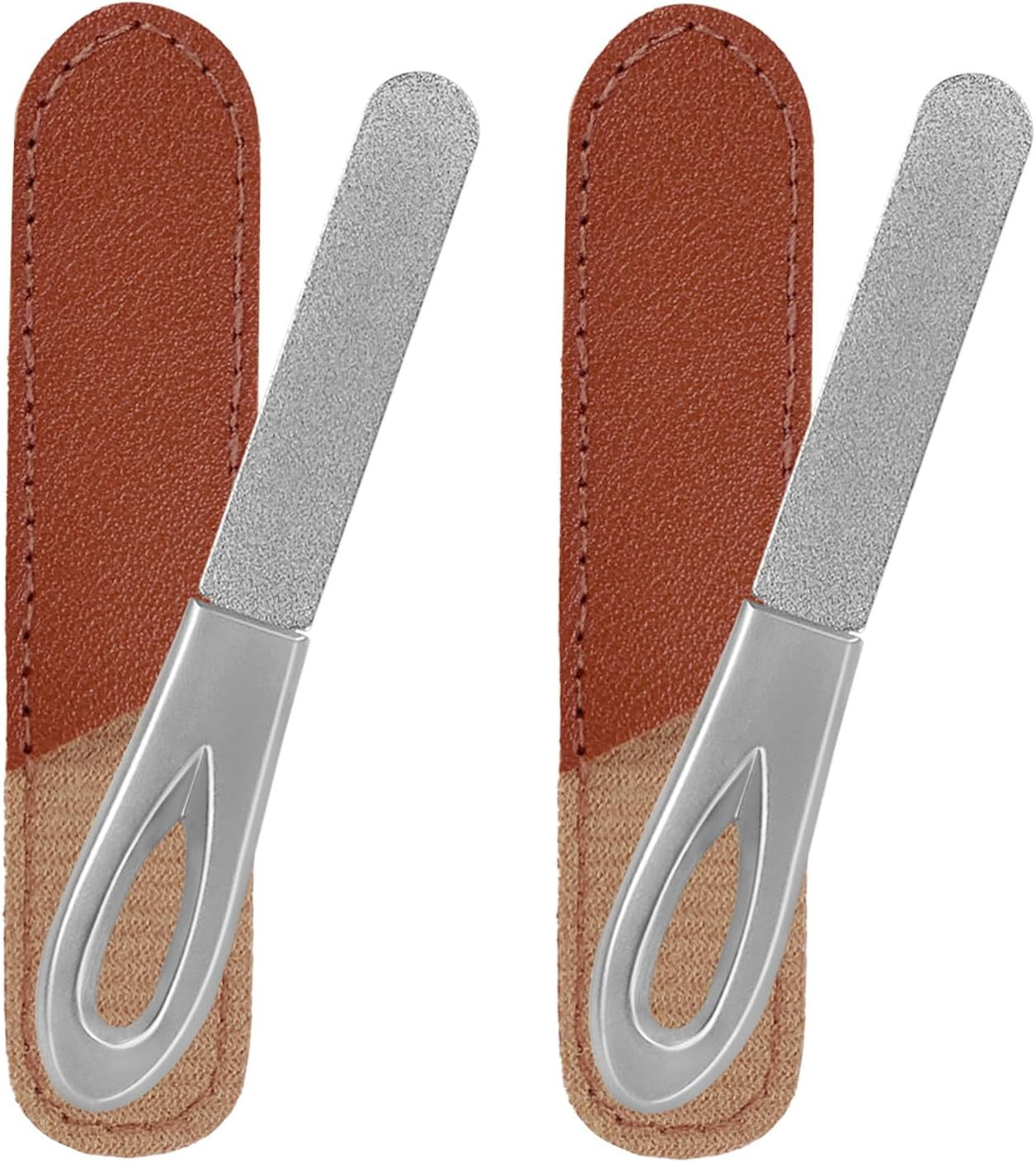 Metal Nail File with Case, 2 Pack Nail Files for Natural Nails, Fingernail Files Diamond round Tip Stainless Steel Double Sided Fine Grit Sapphire Filer with Sheath Leather Cases Travel Silver Brown image number 3