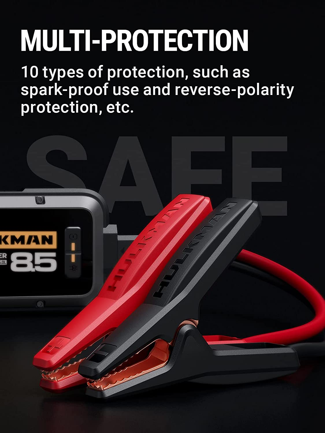 HULKMAN Alpha85 Smart Jump Starter 2000 Amp 20000Mah Car Starter for up to 8.5L Gas and 6L Diesel Engines with Boost Function for Totally Dead Battery 12V Lithium Portable Car Battery Booster Pack image number 4