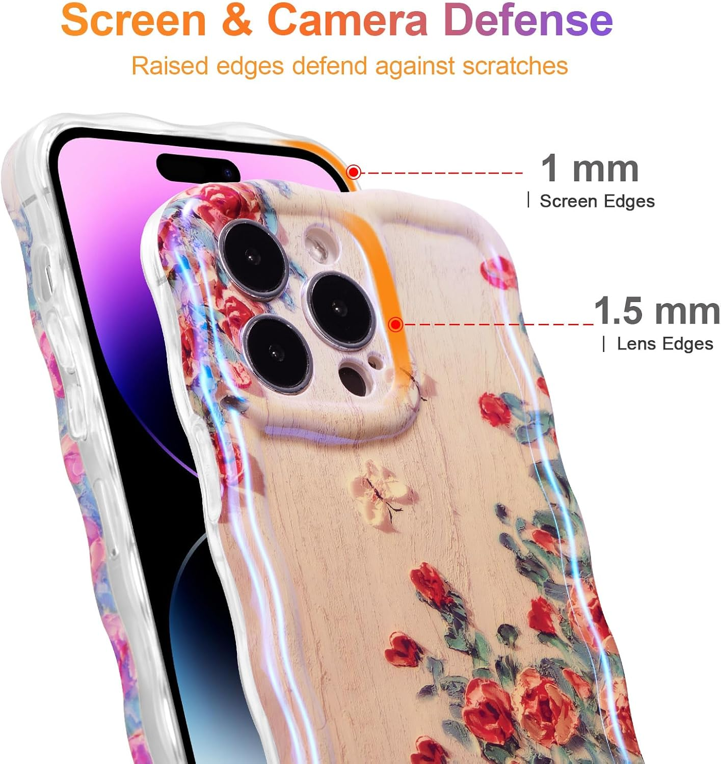 EYZUTAK Case for Iphone 15 Pro, Colorful Retro Oil Painting Printed Flower Laser Glossy Pattern Cute Curly Waves Border Exquisite Phone Cover Stylish Durable TPU Protective Case for Girls Women -Beige image number 3