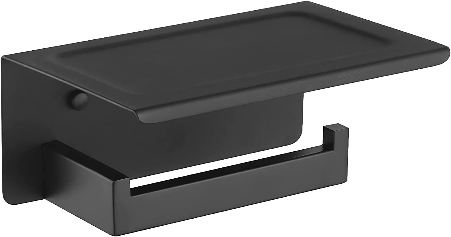 Decaura Toilet Paper Roll Holder with Phone Shelf Wall Mounted 304 Stainless Steel Bathroom Modern Tissue Towel Holder (Black)