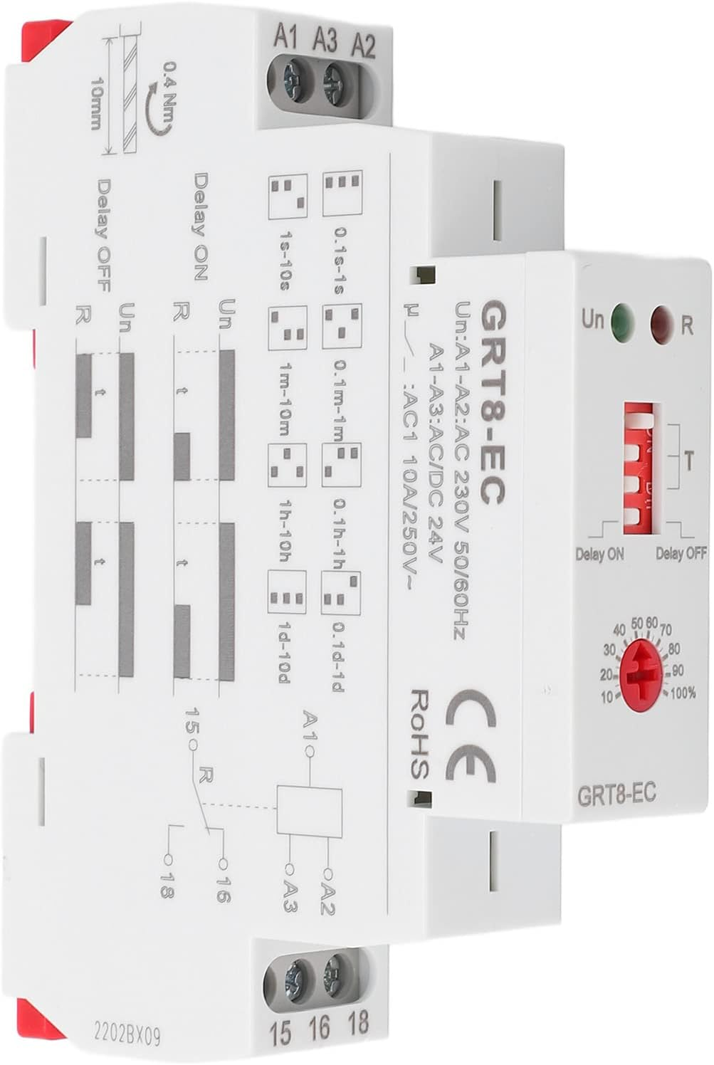 Multifunction Time Relay, Dual Function Mini Power off Delay Time Relay with LED Indicator, 0.1S-10Days AC230V or AC DC24V, Power off Timer Timing Relay (GRT8-EC) image number 3