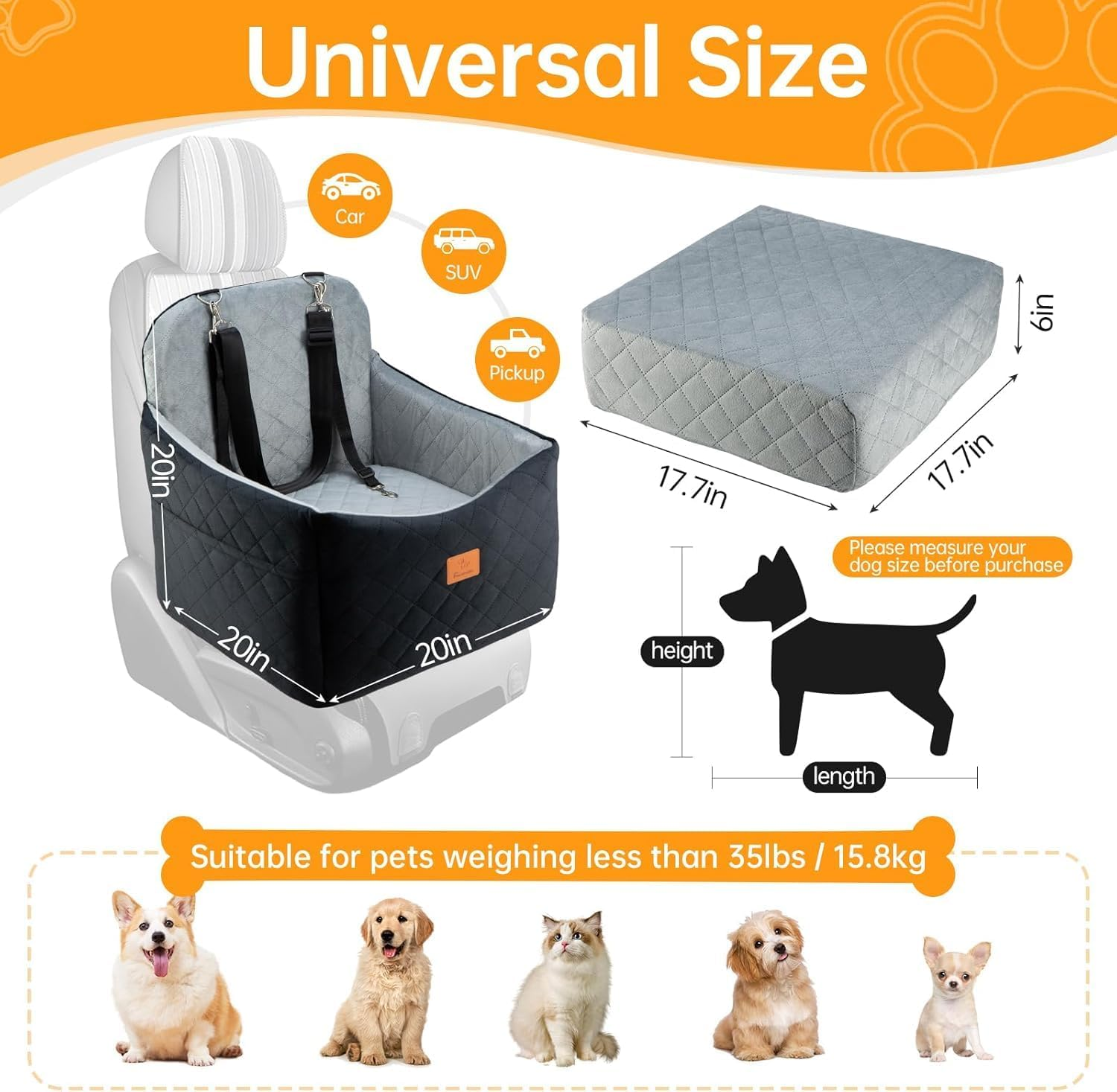 Dog Car Seats for Small/Medium Dogs, Memory Foam Dog Booster Seat for Small Dogs up to 35 Lbs, Travel Pet Car Seat with Washable Detachable Cover, Storage Pockets, 2 Safety Belts (Black+Gray) image number 5