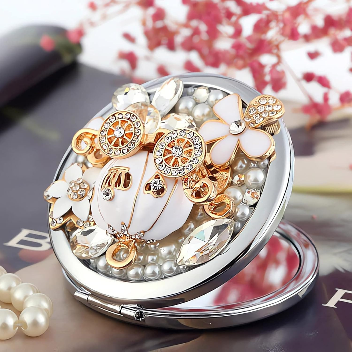 Amanman Cute Compact Mirror Pumpkin Coach Small Mirror Girl'S Gift Travel Mirror 1X/2X Magnification Travel Makeup Mirror (Pumpkin Coach) - Gold Bag image number 3