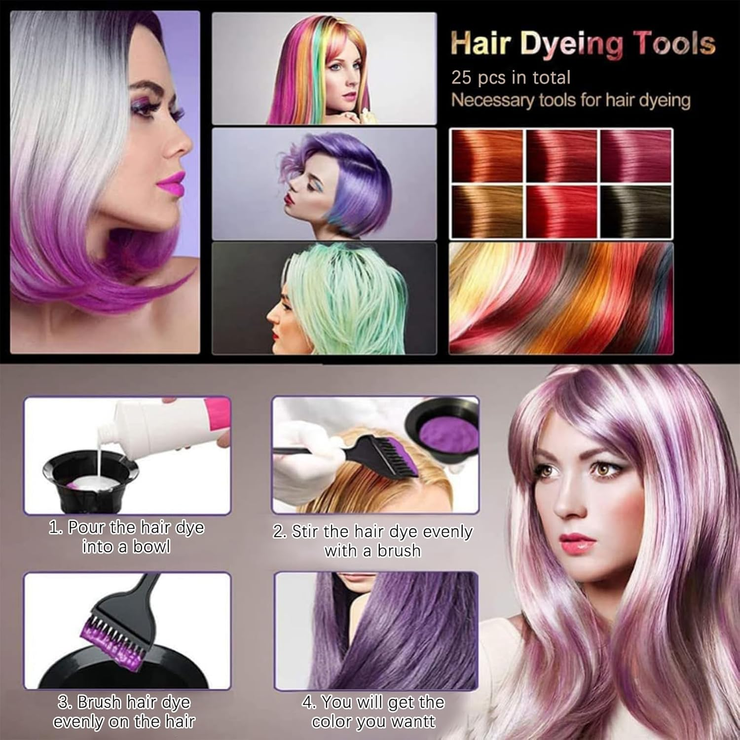 Hair Colouring Set, Silicone Hair Dye Caps, 25 Pieces DIY Beauty Salon Tool Kit, Highlight Hood with Holes, Brush Comb, Hair Dye Bowl, Colouring Brush, Ear Cover, Gloves, Hair Hooks, Hair Clips Kiuiom image number 4