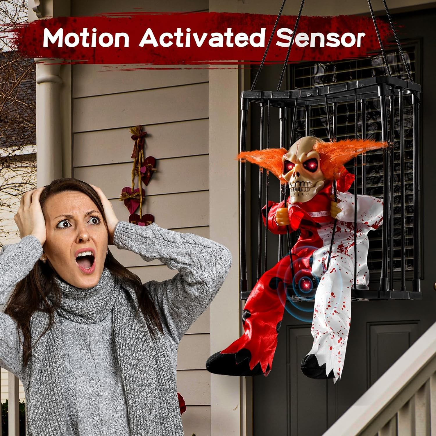 Halloween Decorations Outdoor Animated Halloween Decor Scary Skull Cage Prop with Sound & Motion Activated Spooky Hanging Ghost Decoration for Haunted House Indoor outside Home Decor image number 3