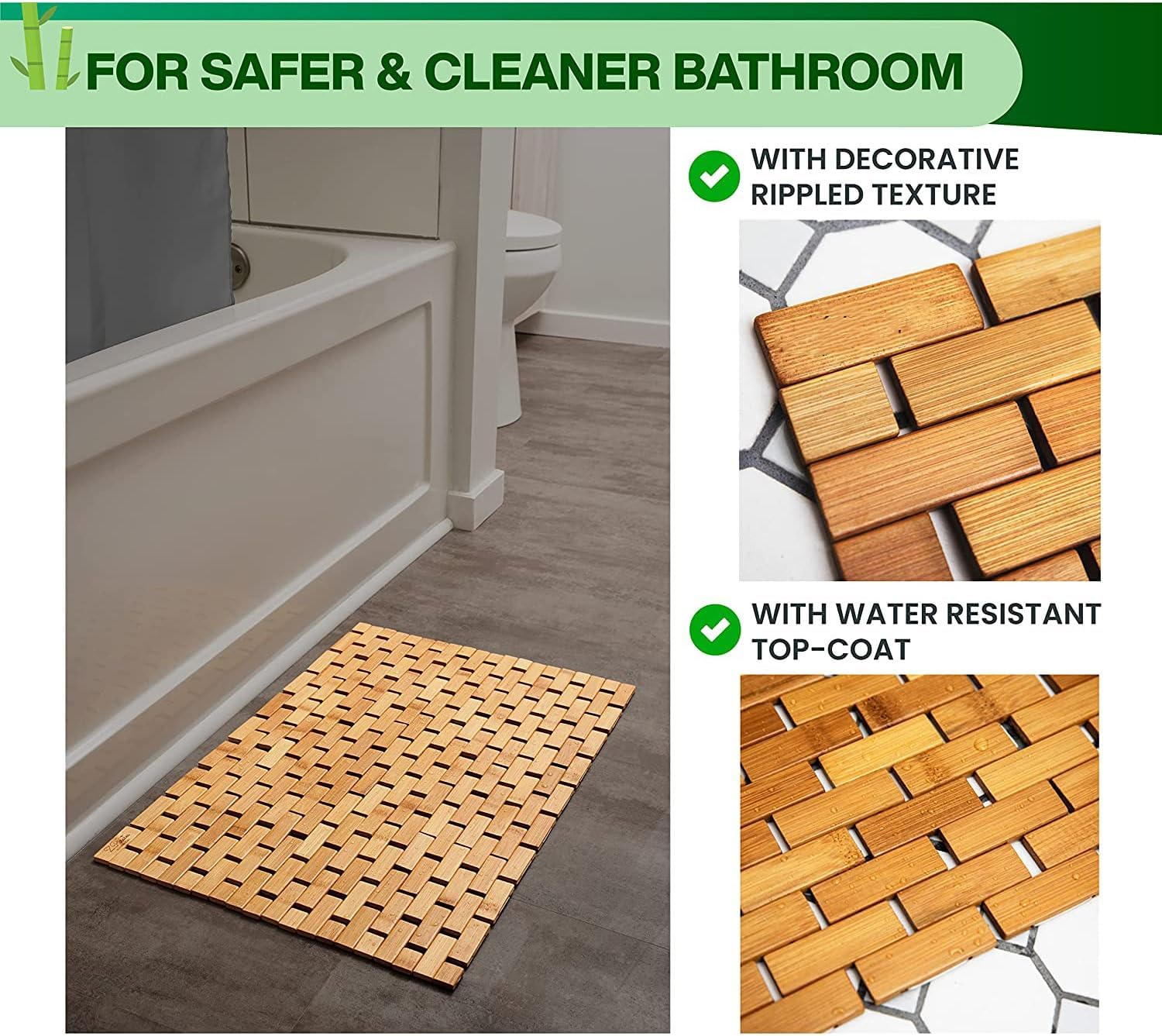 QUHUOYAO Bamboo Bath Mat, Natural Bamboo Wood Bath Mat, Bamboo Floor Mat, Non Slip for Spa Tub and Kitchen, 15.7" X 23.6" Brown image number 6