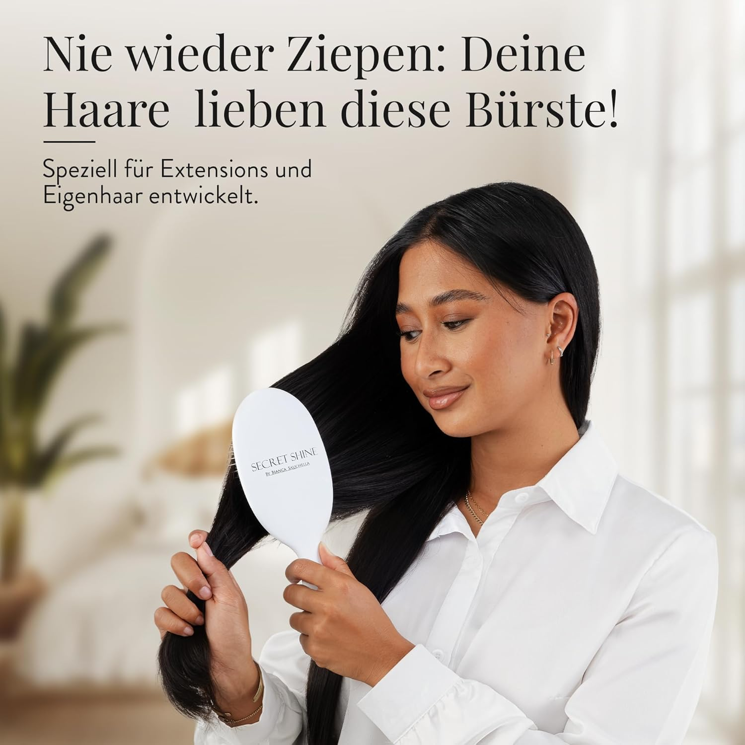 Bianca Sauchella Secret Shine Extensions Brush - Wild Boar Bristles & Keratin Pens, Anti-Frizz, Gentle without Pulling, Ideal for Tape-In, Bonding & Clip-In Extensions (White) image number 5