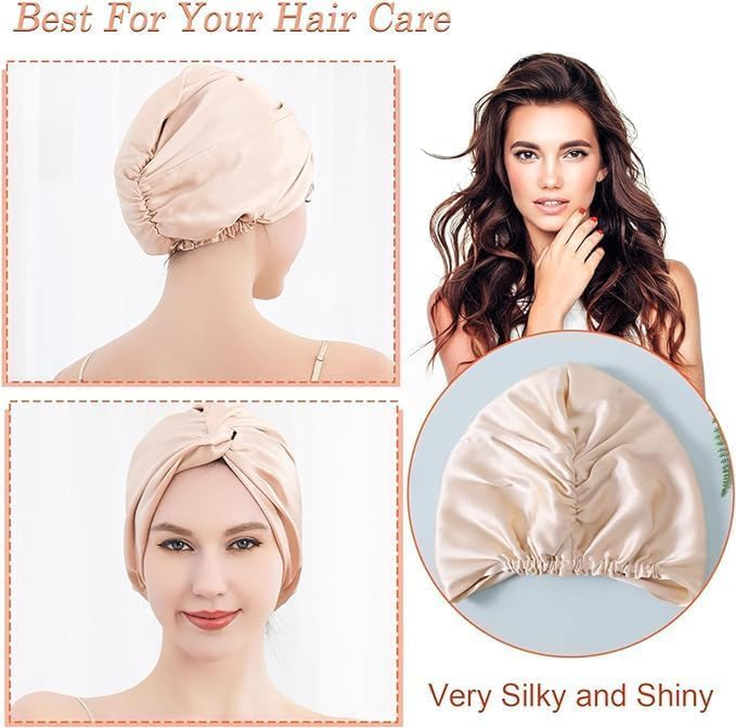 Silk Hair Wrap for Sleeping Silk Bonnet Night Sleep Cap for Curly Hair Double Layer Soft Silky Head Scarf Shower Caps for Women Hair Beauty Satin Bonnet with Adjustable Elastic Washing Makeup（Khaki ）26*23CM image number 3