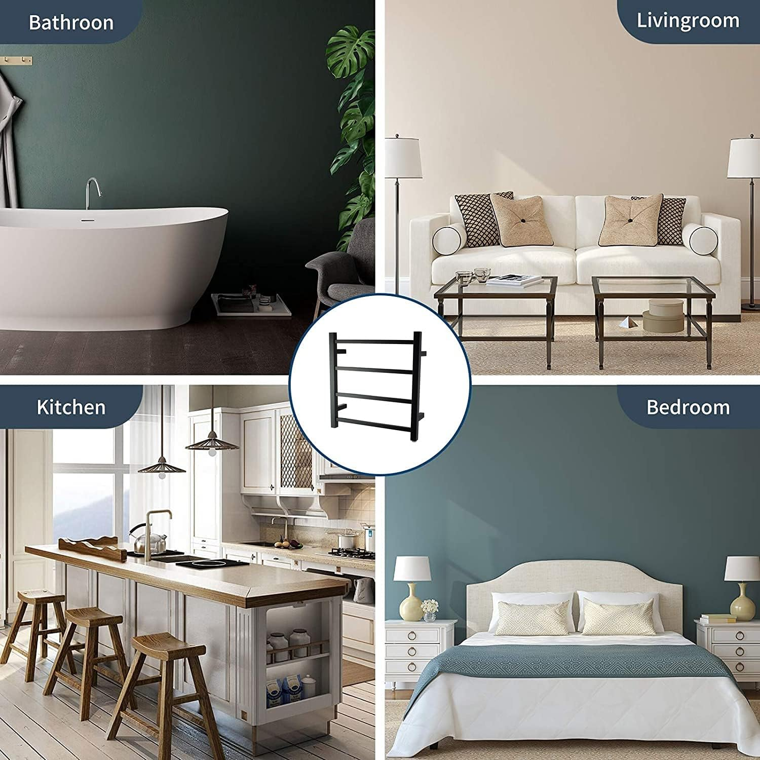 Electric Heated Towel Rack Wall Mounted Towel Rail 4 Bars Square (Black) - Black image number 6