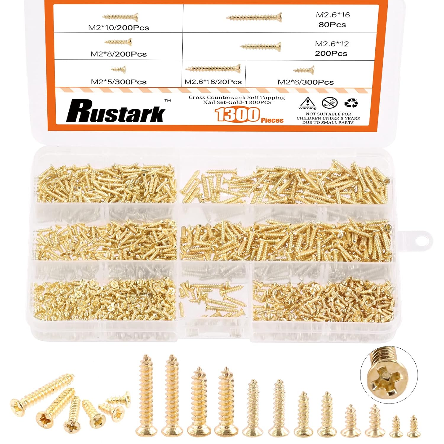 Rustark 1300Pcs M2 M2.6 Gold Flat Head Phillips Cross Small Wood Screws Tapping Screws Electronic Screws Assortment Kit 5Mm 6Mm 8Mm 10Mm 12Mm 16Mm Tapping Screws Small Metric Micro Screw Set
