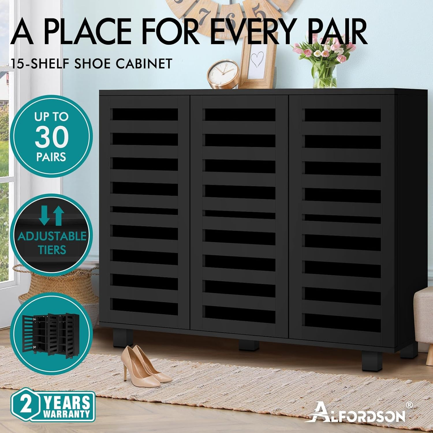 ALFORDSON Shoe Cabinet 30 Pairs Shoes Storage Rack Adjustable Cabinets Organiser Drawer Shelf with Slatted Doors, Wooden Home Furniture for Living Room, Entryway, Hallway, 97Cm Black image number 2