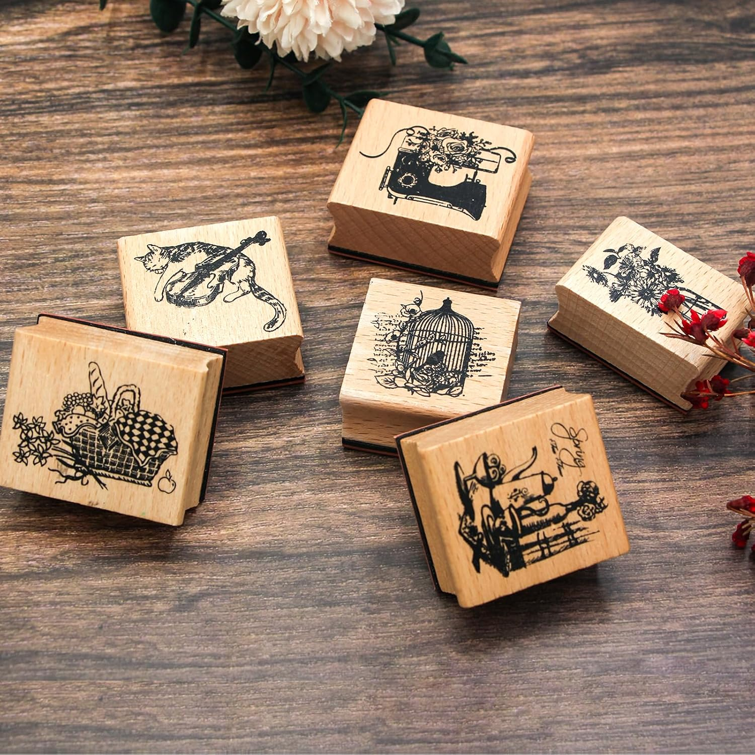 6PCS Wood Rubber Stamp Set, Multipurpose Vintage Rubber Seal, Art Stamps for Scrapbook, DIY Card Making, Bullet Journals and Arts & Craft image number 2