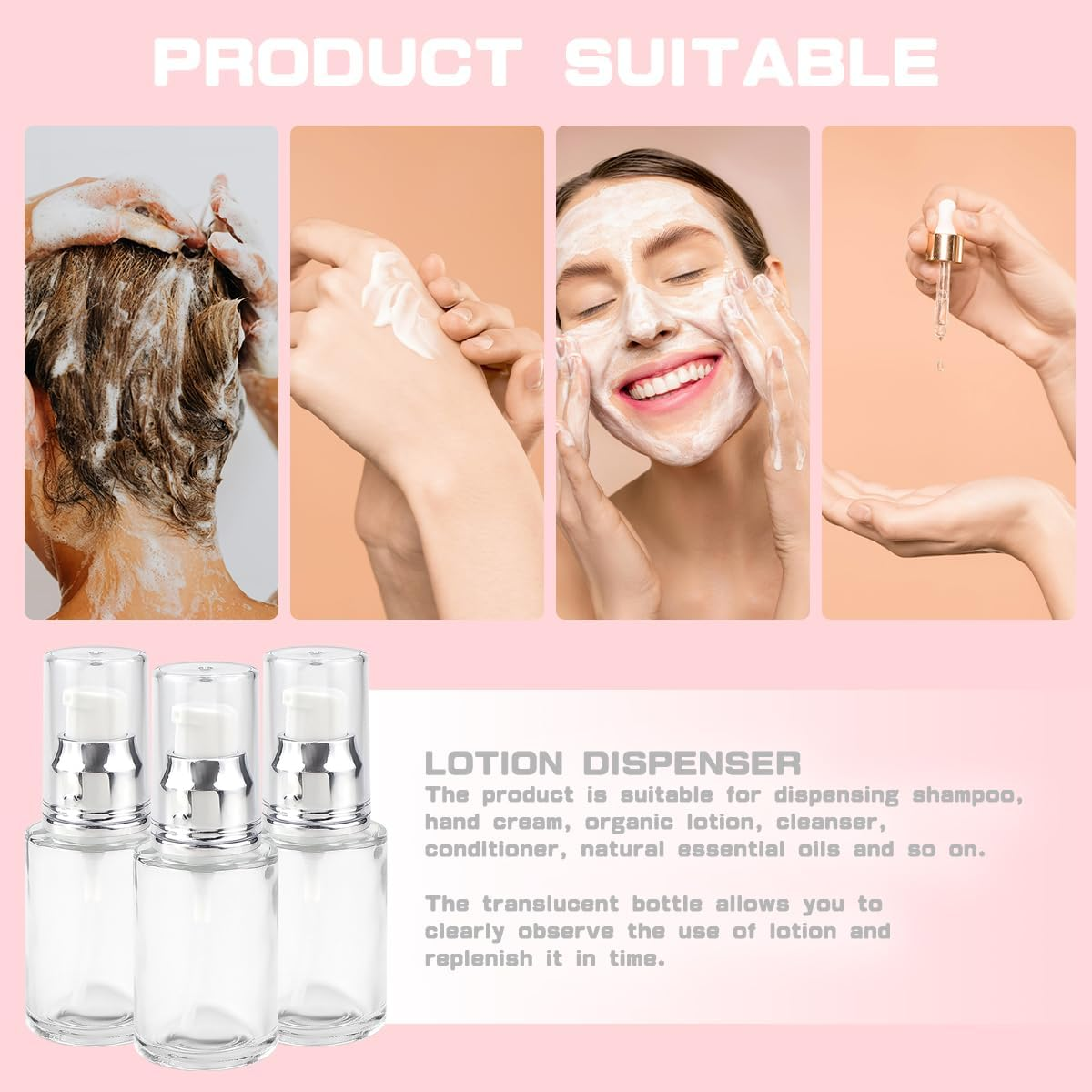 LNQ LUNIQI Pack of 3 Empty Pump Bottles Glass, 30 Ml Small Pump Dispenser Travel, Refillable Lotion Bottle, Transparent Travel Bottles for Cosmetics Lotion image number 4