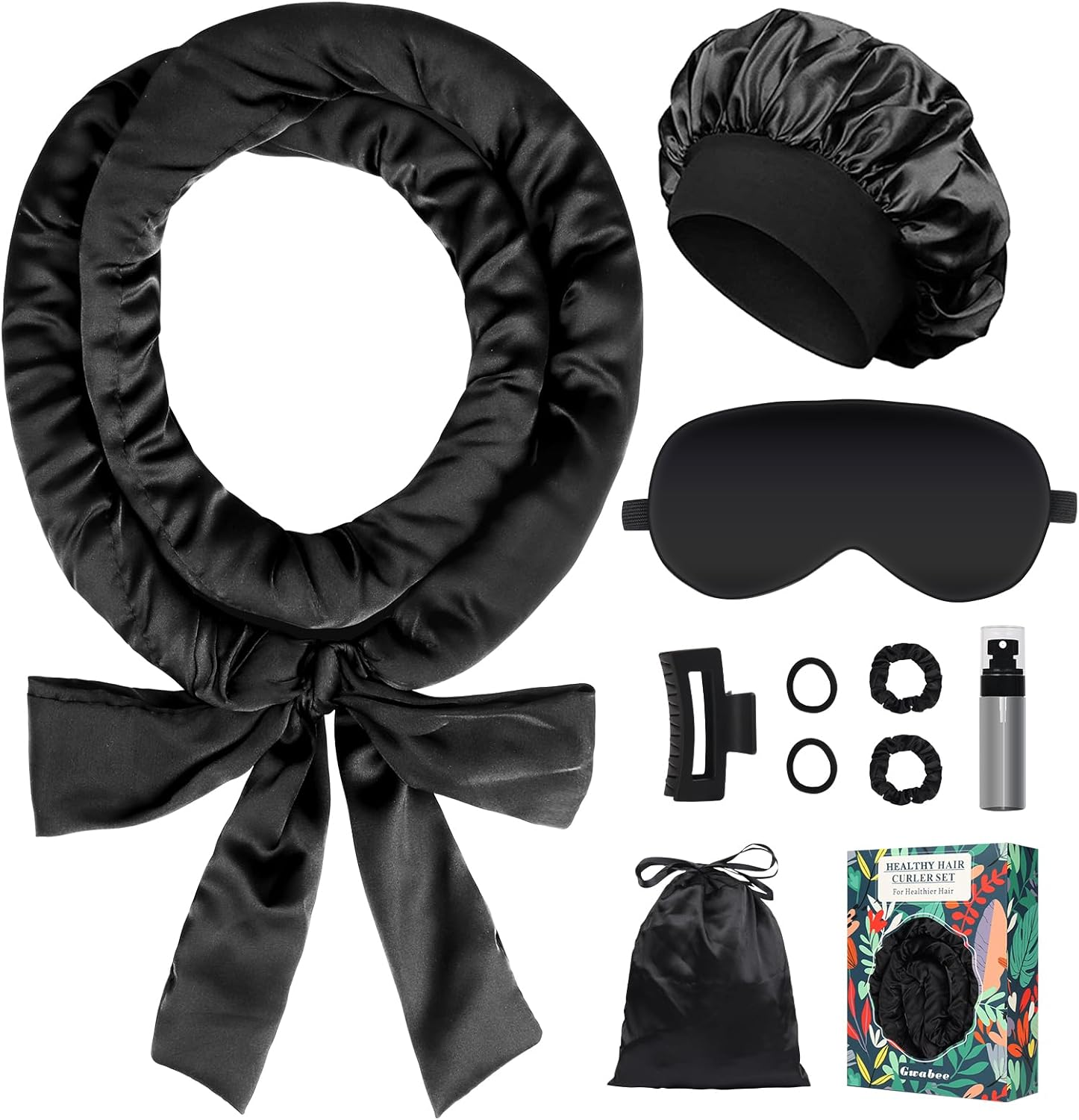 Gwabee Heatless Curls Overnight Hair Curlers to Sleep in Satin Hair Curler Rollers No Heat Hair Wrap for Curls Headband, 70" Satin Heatless Curling Rod Set for Women Long Waves Hair Volume -Black 9PCS