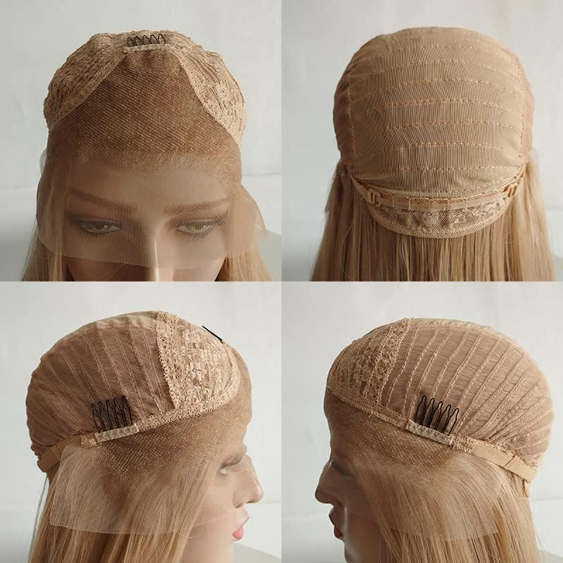 ELESTY Natural Long Curly Wig without Glueless Lace Front Wig Gloden Blonde Synthetic Lace Wig for Women Left Glueless Heat Resistant Fibre Daily