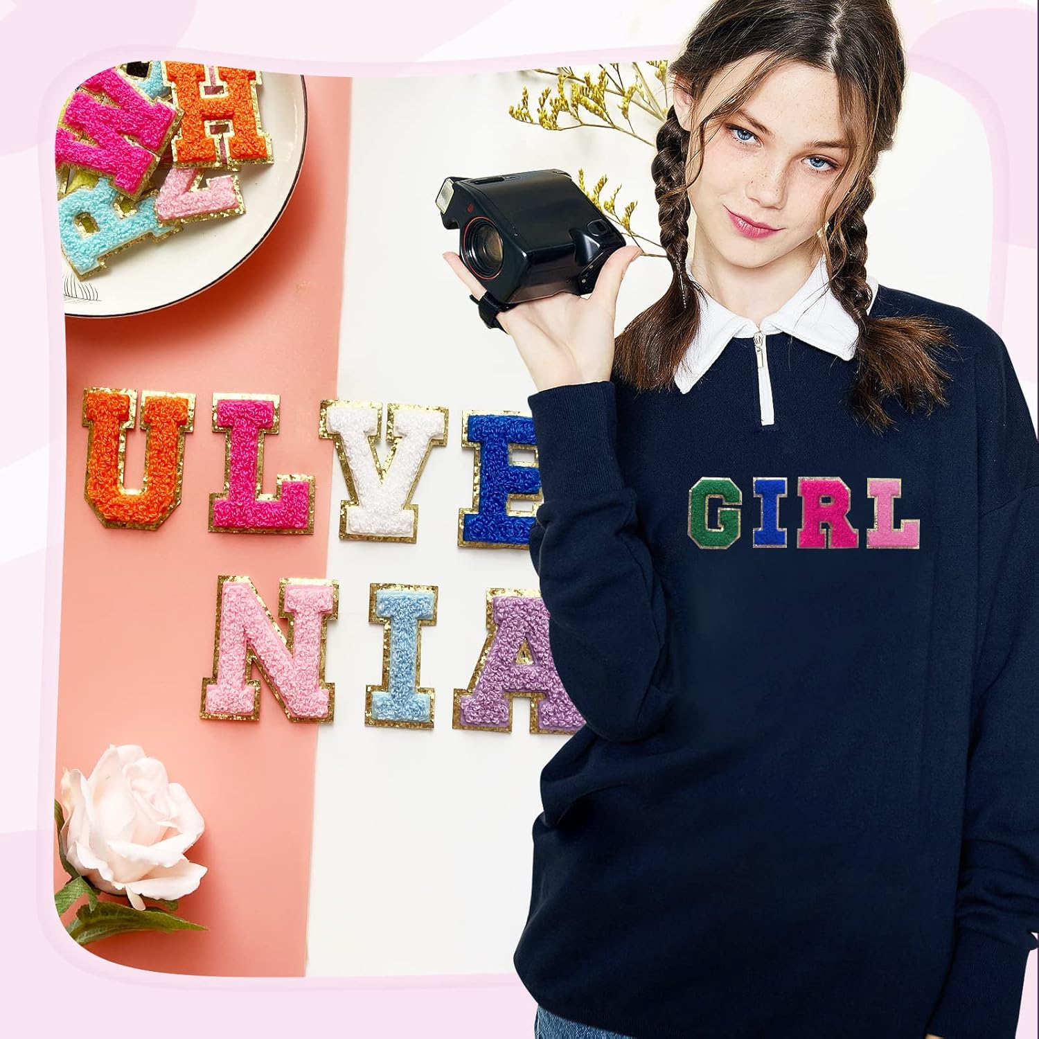 Jongdari Chenille Letter Patches Self-Adhesive & Iron-On Letters, 52Pcs Varsity Fuzzy Patch Glitter Alphabet - 26Pcs, Multicolored image number 2