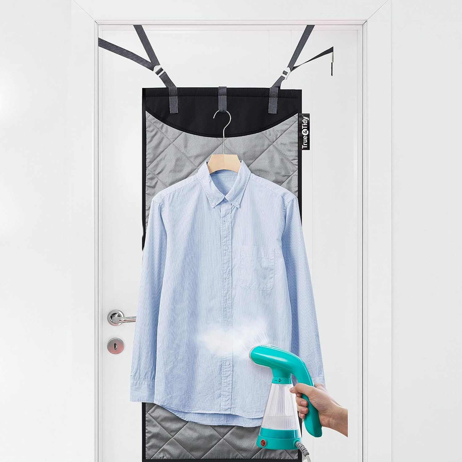 True & Tidy XL over the Door Protective Clothes Steamer Pad, Ironing and Press Pad, Helps Protect Surfaces While Garment Steaming, with 3 Hanger Hooks image number 3