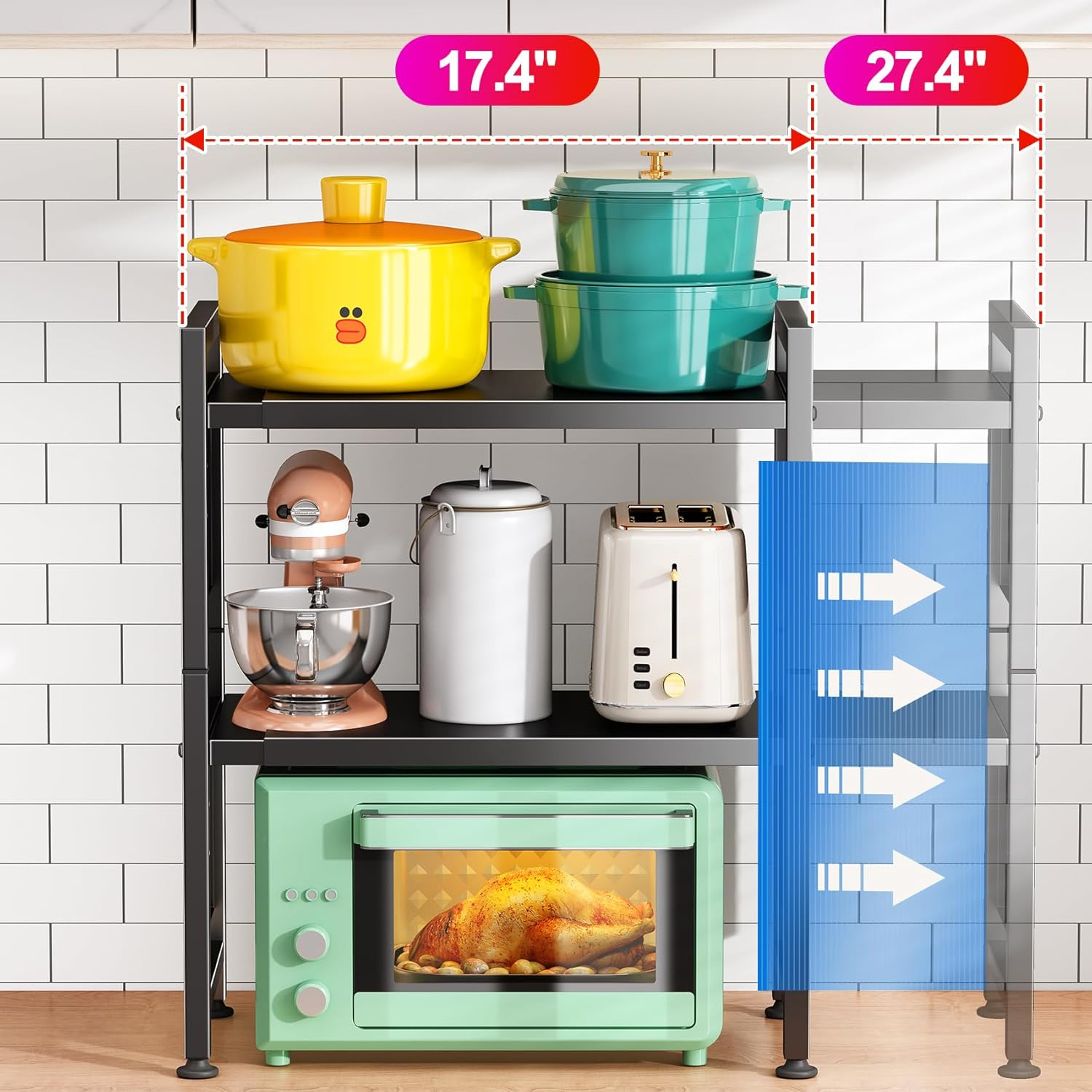 Expandable Microwave Stand,Heavy Duty 3-Tier Adjustable Height Microwave Oven Rack with 9 Hooks, Towel Rack, and Cutting Board Holder, Countertop Kitchen Shelf Organizer, Holds up to 180 Lbs, Black image number 3