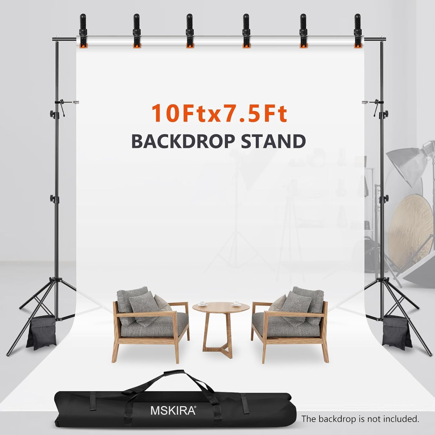 MSKIRA Photo Backdrop Stand 7.5X10Ft Adjustable Background Stand Support System Kit with 6 Spring Clamp, 2 Sandbag & Backdrop Clips for Photoshoot, Portrait, Studio Photography, Parties, Wedding image number 4