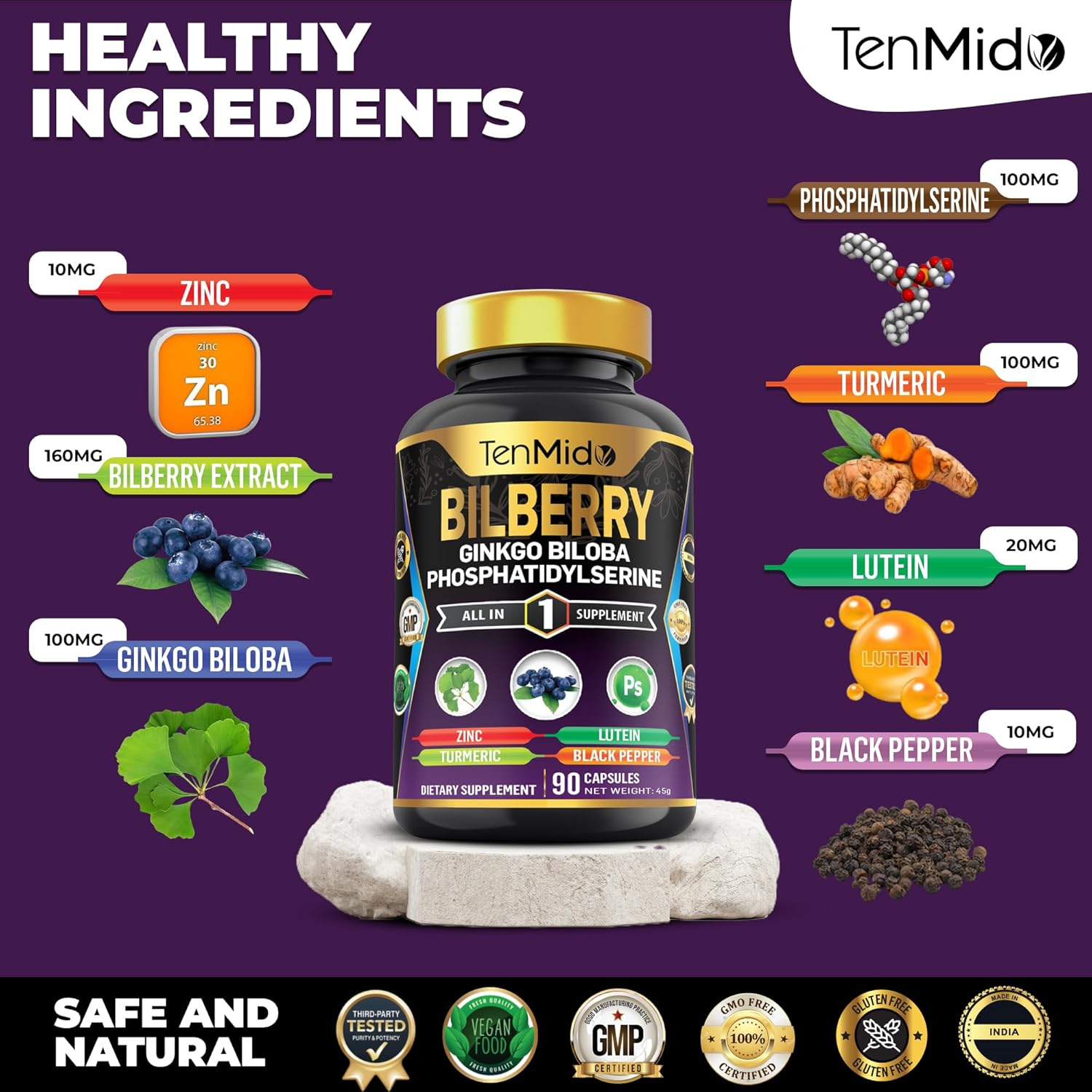Tenmido Bilberry Extract Capsules - 7In1 with Zinc, Ginkgo Biloba, Phosphatidylserine, Turmeric, Lutein & Black Pepper - 90 Vegan & Non-Gmo Capsules image number 4