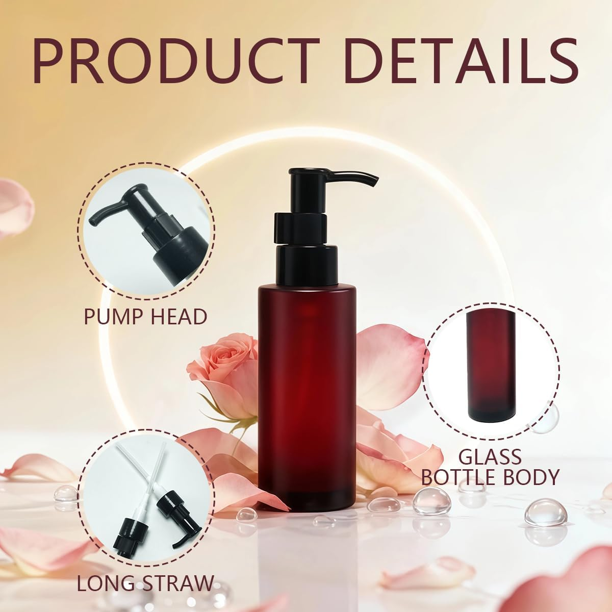 2Pcs 100Ml/3.4Oz Empty Amber Frosted Glass Lotion Pump Bottle Soap Dispensers Refillable Cosmetic Containers Jars with Black Pump Top for Lotion Essential Oil Emulsion Shampoo image number 6