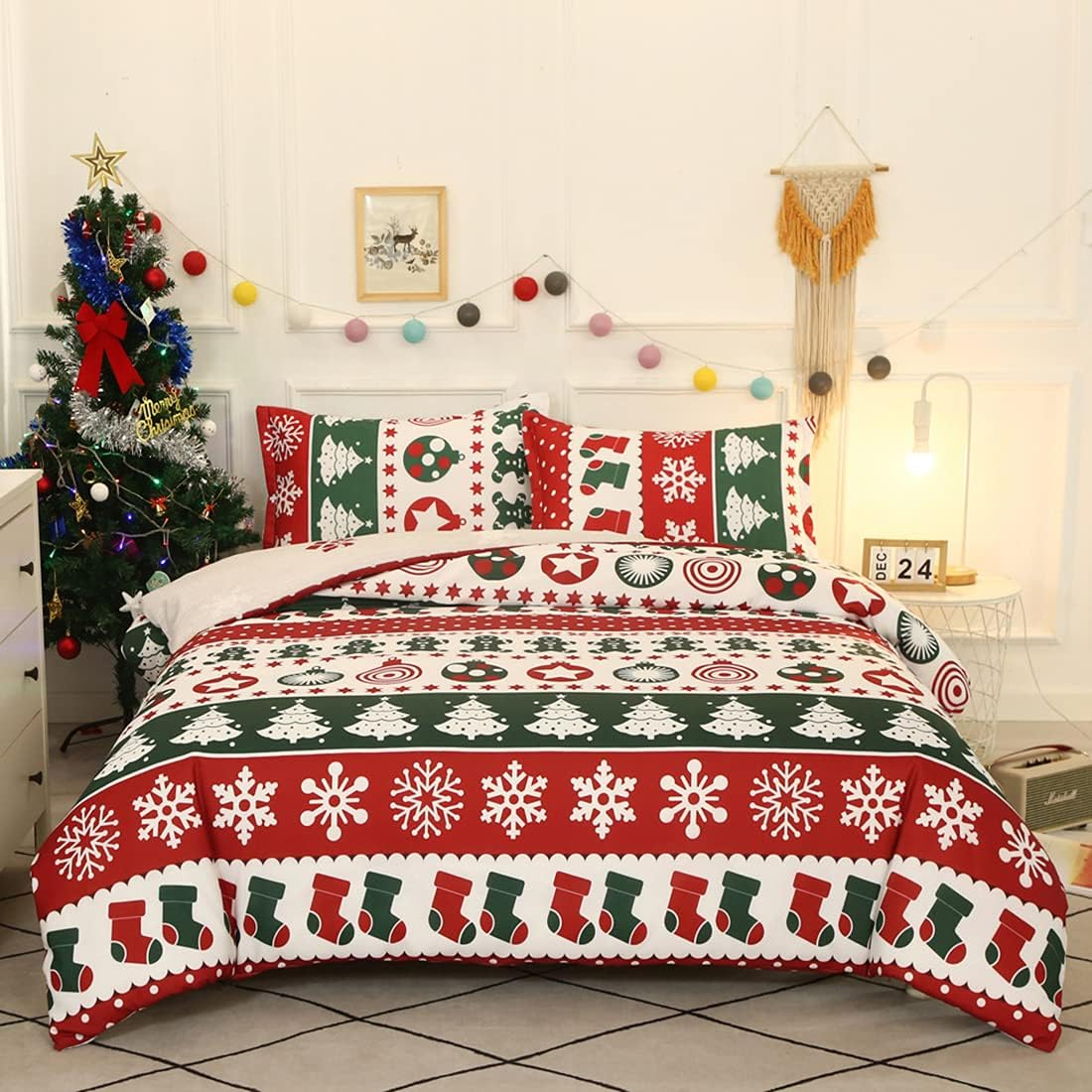 Mengersi Christmas Duvet Cover Set Queen Size,Christmas Tree Snowflake Duvet Cover Check Printed Christmas Plaid Duvet Cover Comforter Cover Set for New Year Holidy Xmas Gifts