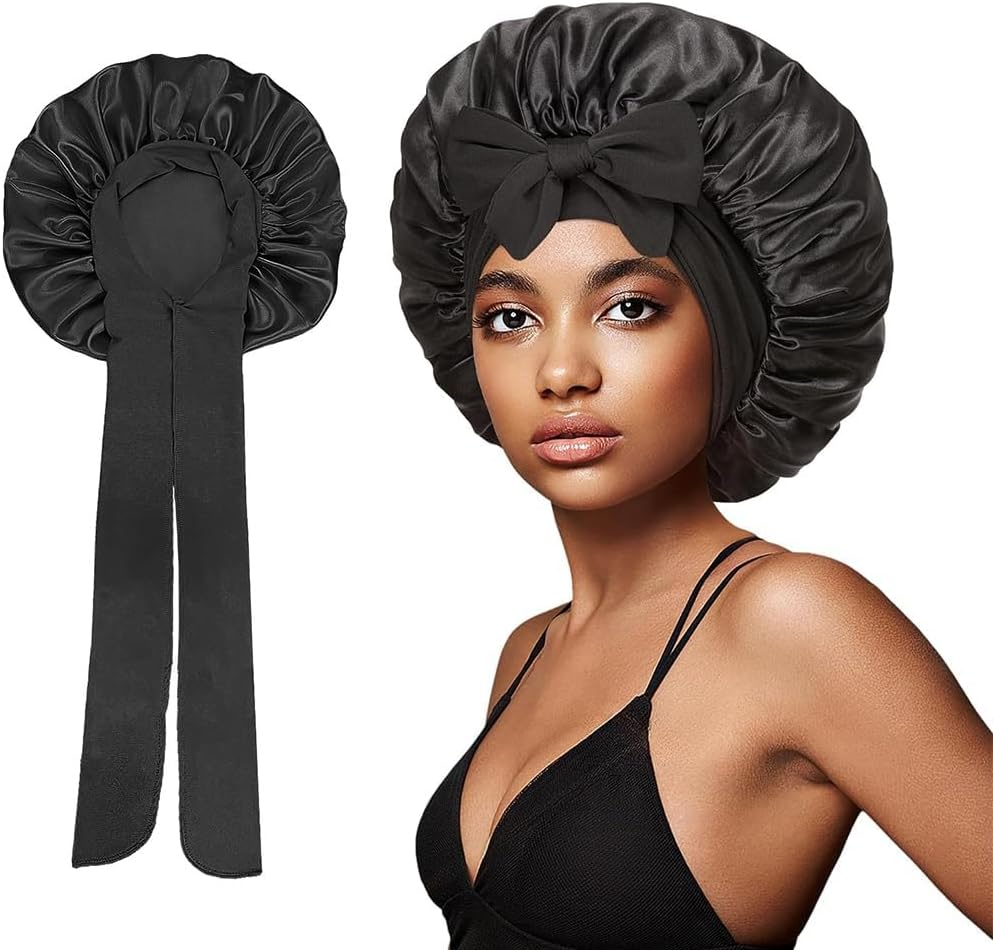 Satin Bonnet,Single Layer Satin Lined Sleeping Cap,Adjustable Large Satins Cap with Tie Band Hair Bonnets Curly Braids Hair for Women(Black) image number 4