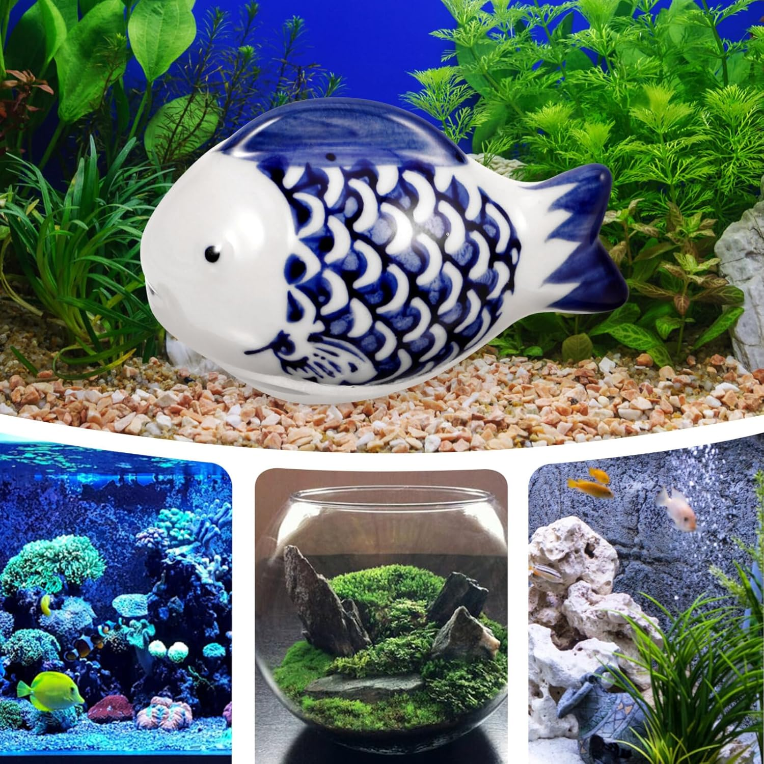 Kichvoe Ceramic Aquarium Blue and White Porcelain Floating Realistic Artificial Fish Tank Decorations Underwater Tea Pet Fish Desktop Ornaments image number 1