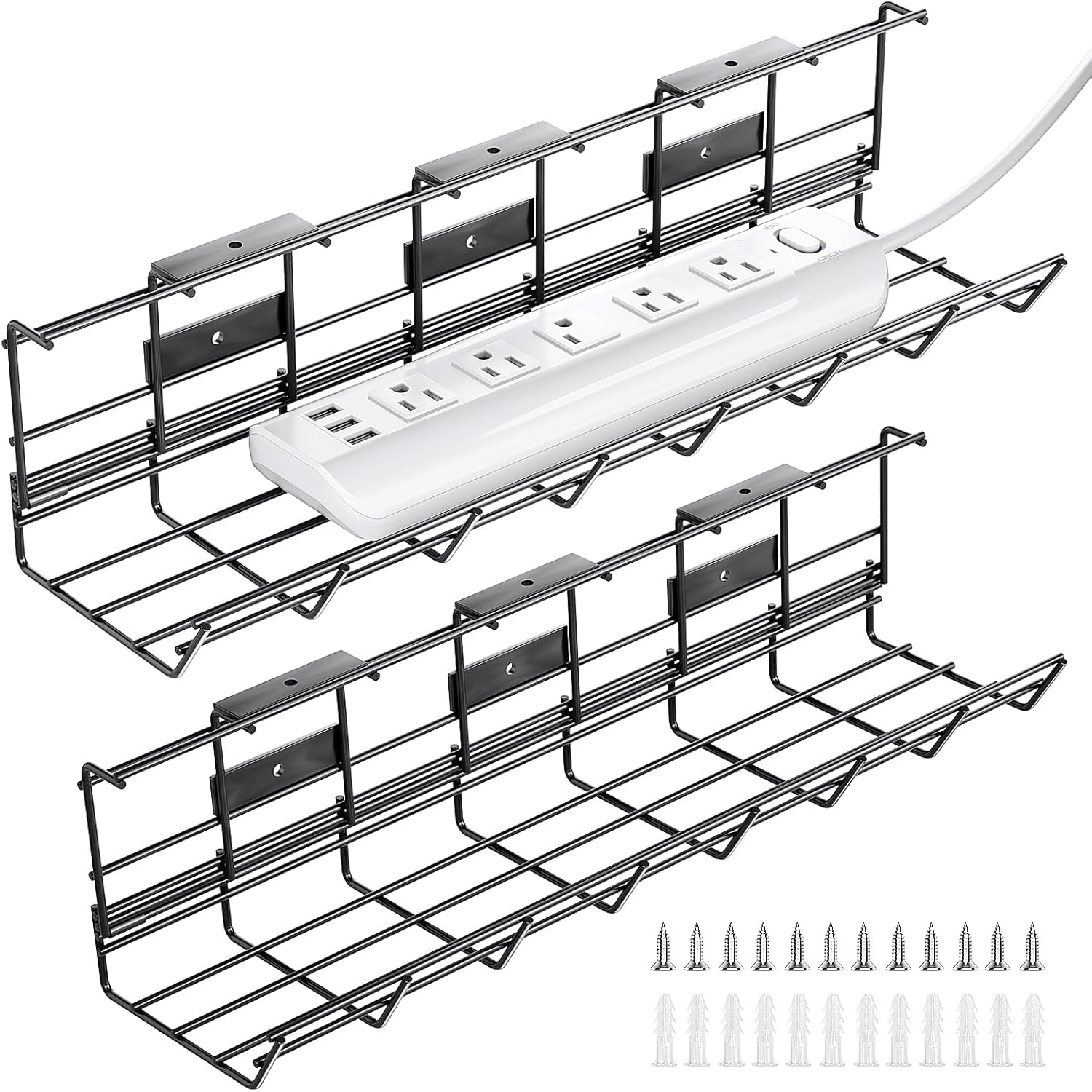 Under Desk Cable Management Trays, 2 Pack Metal Cable Tray , under Desk Cord Management Rack, Wire Tray Desk Cable Organizer, 34In Cable Basket, 2X L17 W4.1 H4.7In, Black