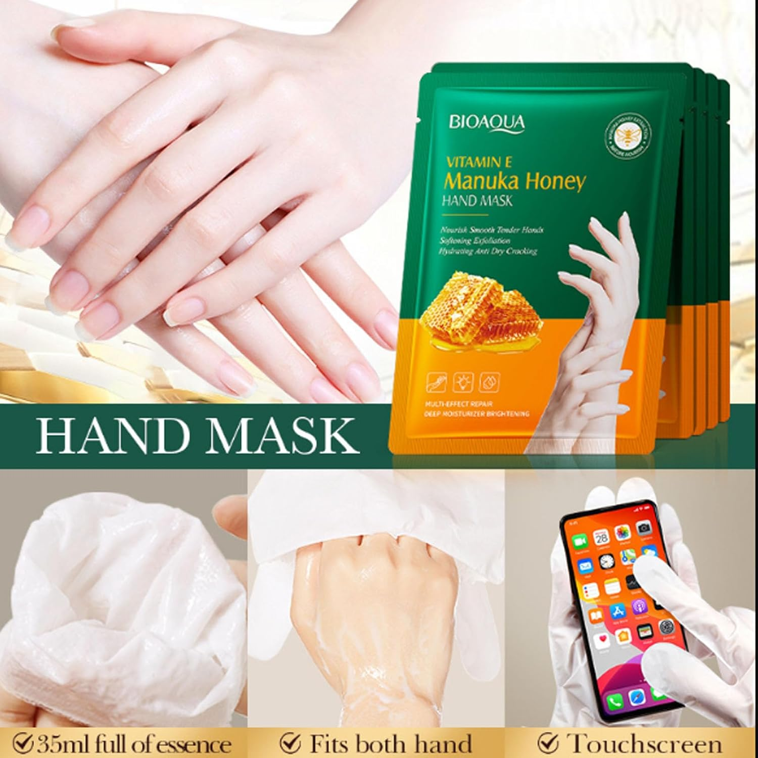 Vitamin E Manuka Honey Hand Mask, Deep Moisturising and Nourishing, 6-Pack image number 3