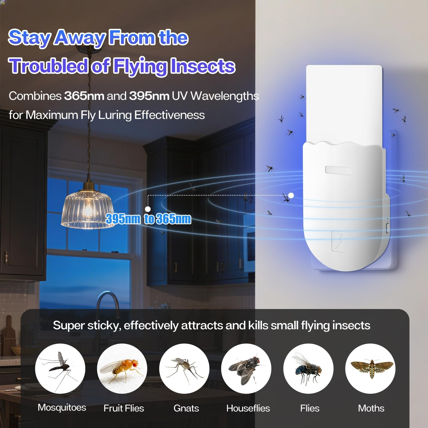 Necomi Flying Insect Trap, 2-In-1 Plug-In Mosquito Killer, with Nighttime UV Light Capture Flies, Adjustable Brightness, Suitable for Flies, Fruit Flies, and Moths, 1 Device + 5 Adhesive Cards (1PCS image number 6