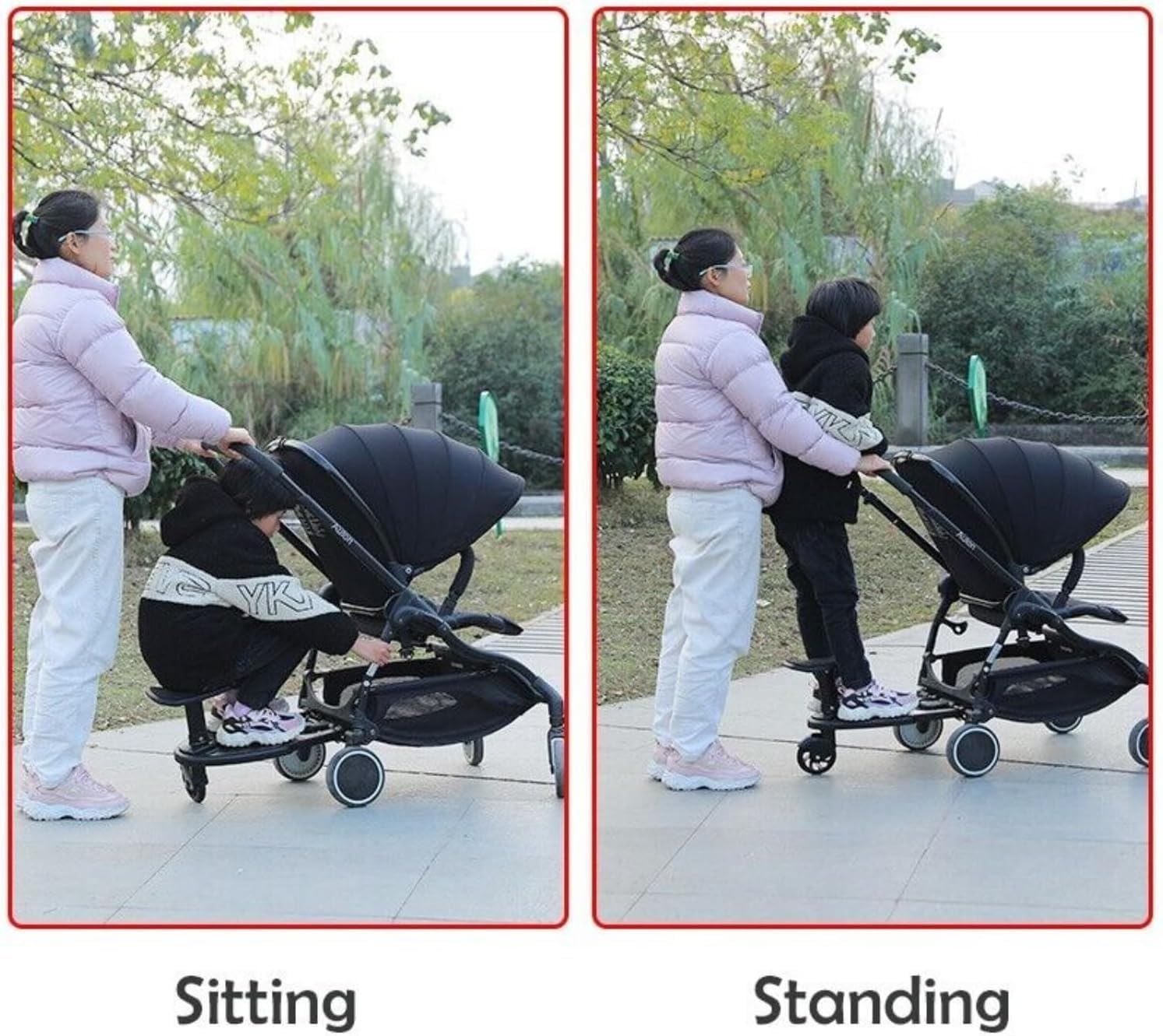 Sunblue Universal Toddler Stroller Board with Seat - Pram & Buggy Connector for Pushchair, Jogger, Travel Pram Accessories - Easy Stand & Ride, Fits Horizontal Axis <2.5Cm (Black) image number 6