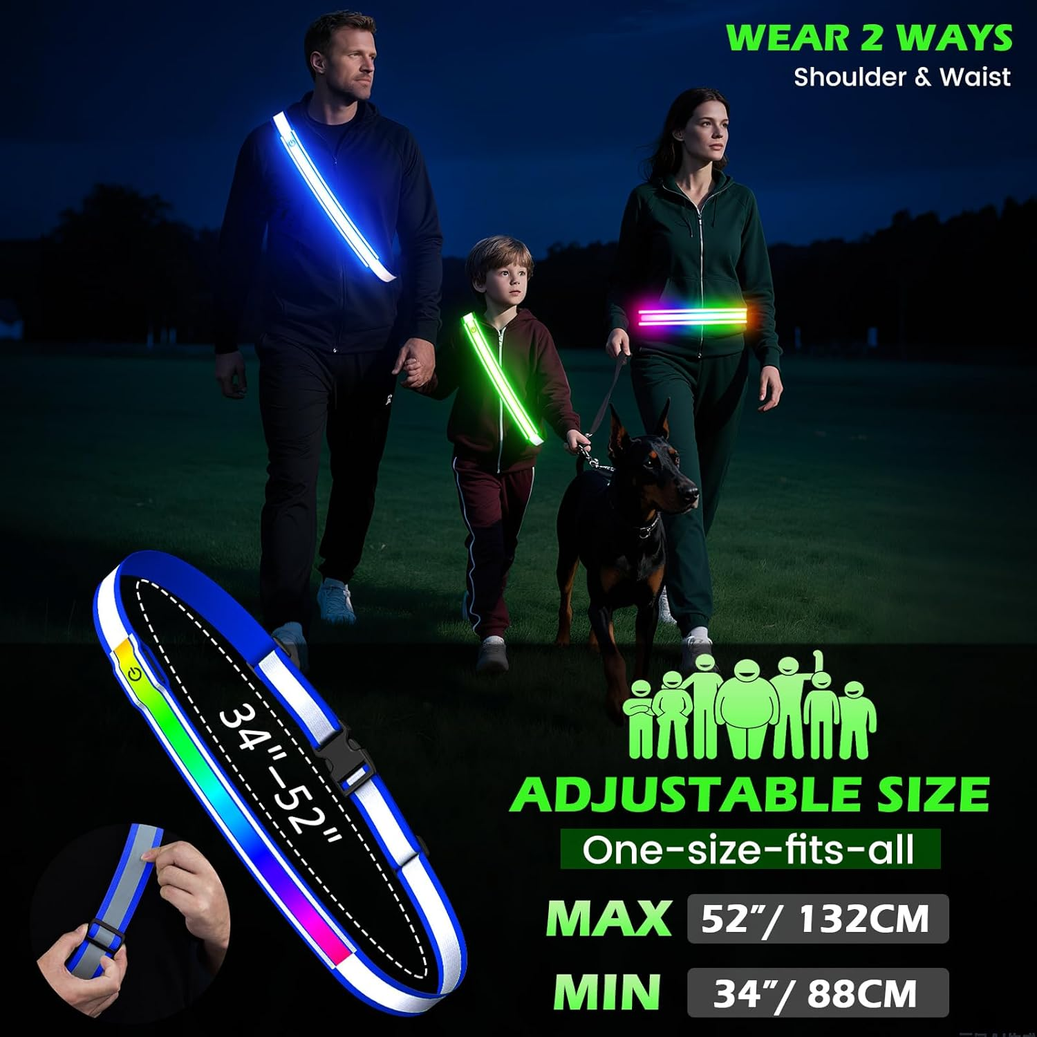Reflective Sash Gear for Walking at Night,Flashing LED Reflective Belt Safety Lights for Walkers Night Dog Walking Biking Running,High Visibility Rechargeable with Wear 2 Ways for Men Women