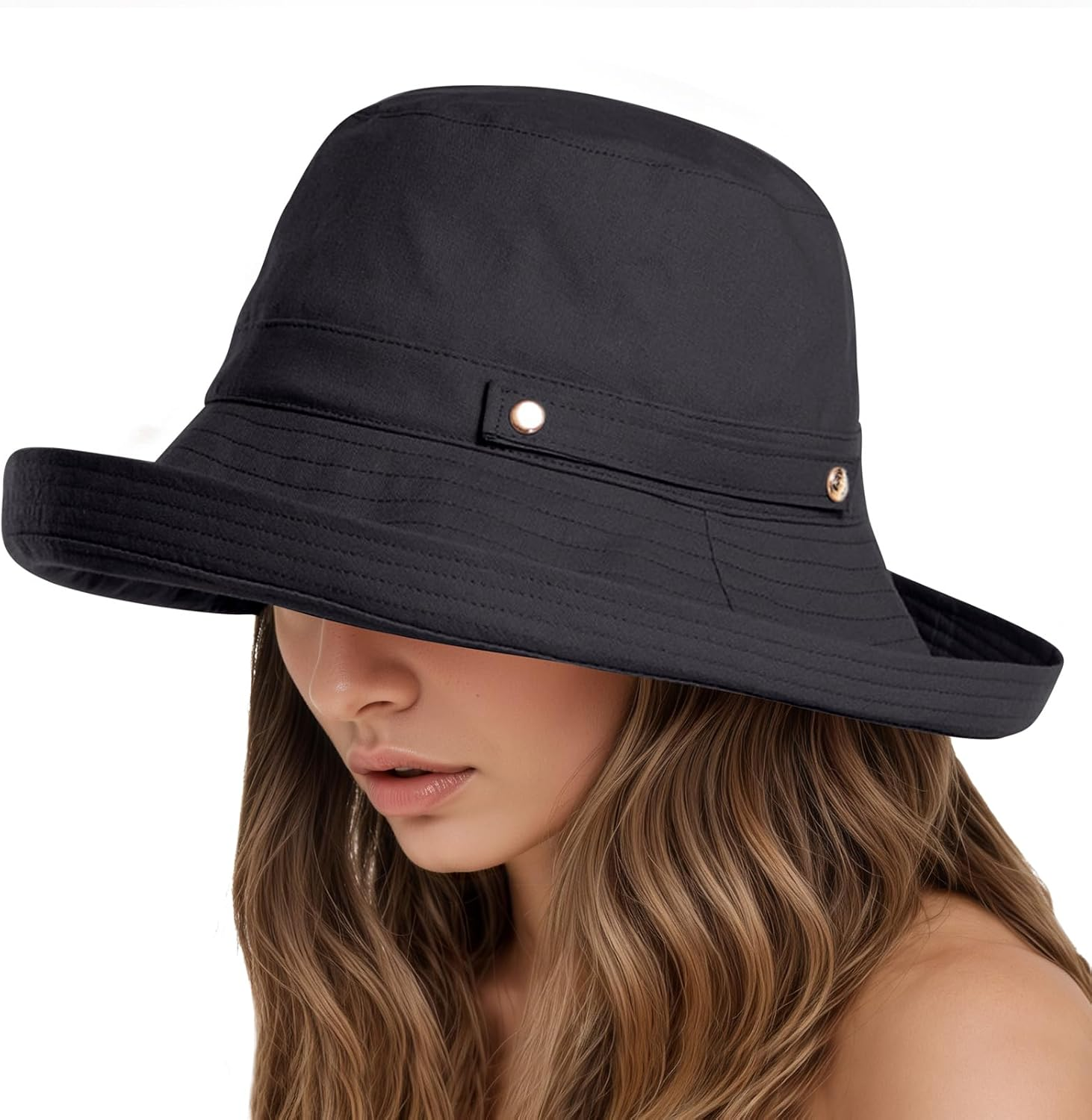 KEOYA Women'S Cotton Linen Bucket Hat Wide Brim Sun Hat with SPF50+ Adjustable Button Detachable Windproof Chin Strap