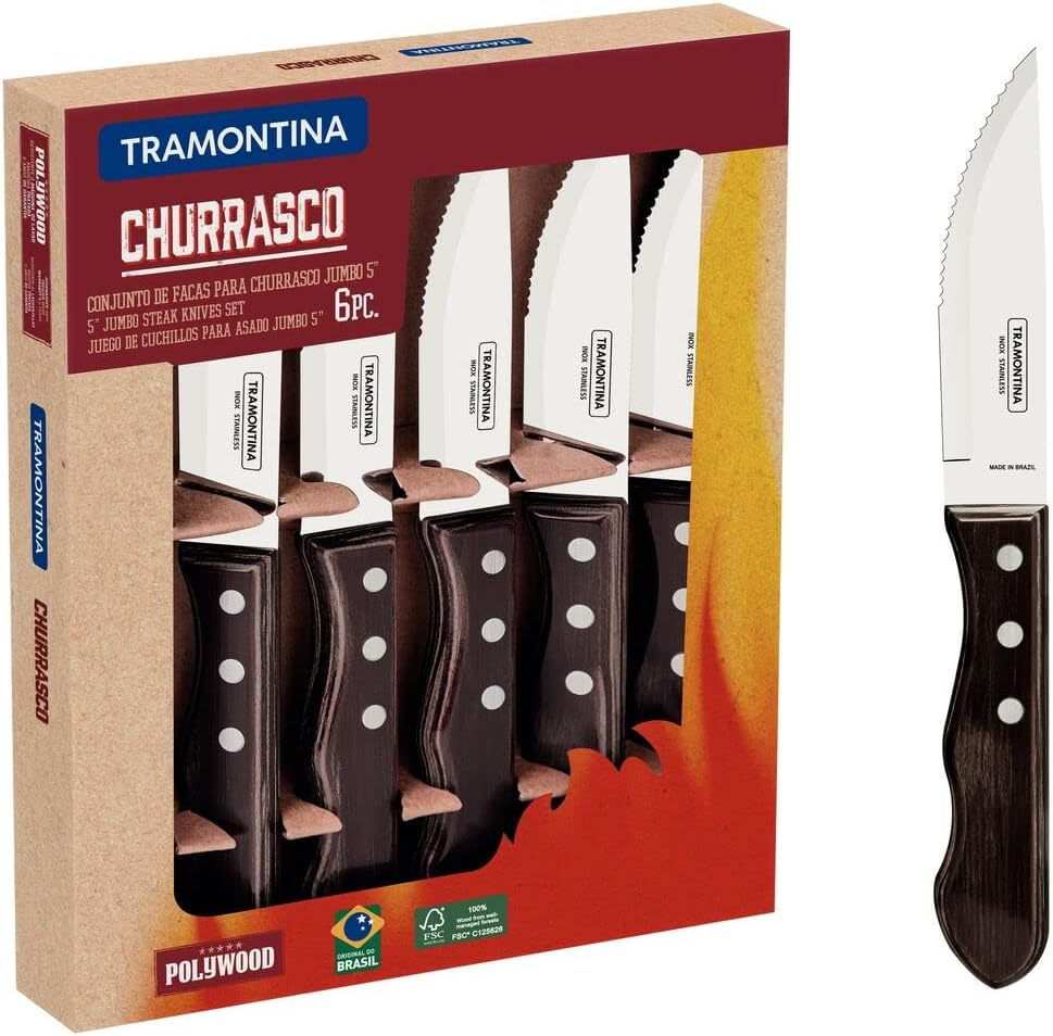 Tramontina Jumbo Steak Knife Set, Stainless Steel, Dishwasher Safe, Real Wood Handles, FSC, (4 Pieces, Brown), 25.5