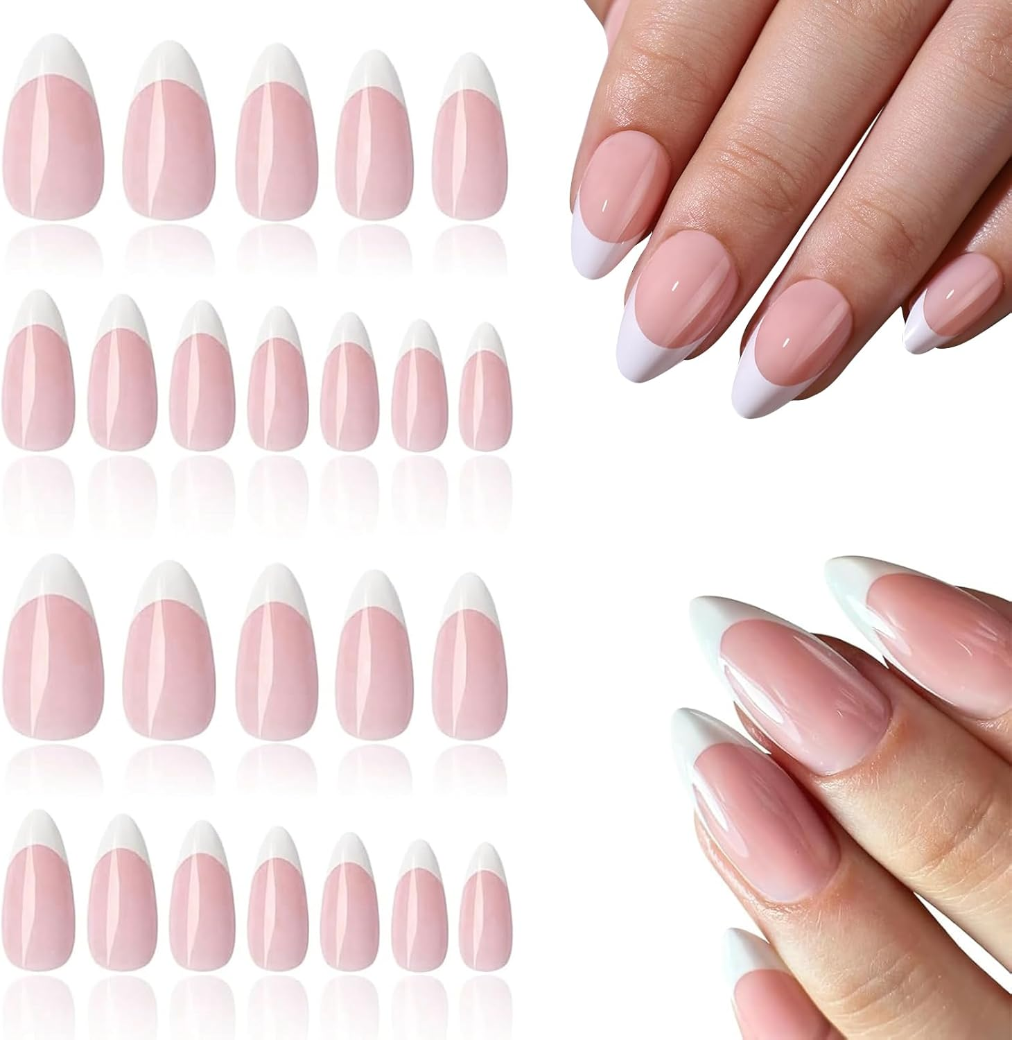 Qioon 24 Pcs Short Almond Press on Nails, French Tip Gradient Fake Fingernails with Adhesive Tabs, Light Color Stick on False Nails for Women and Girls