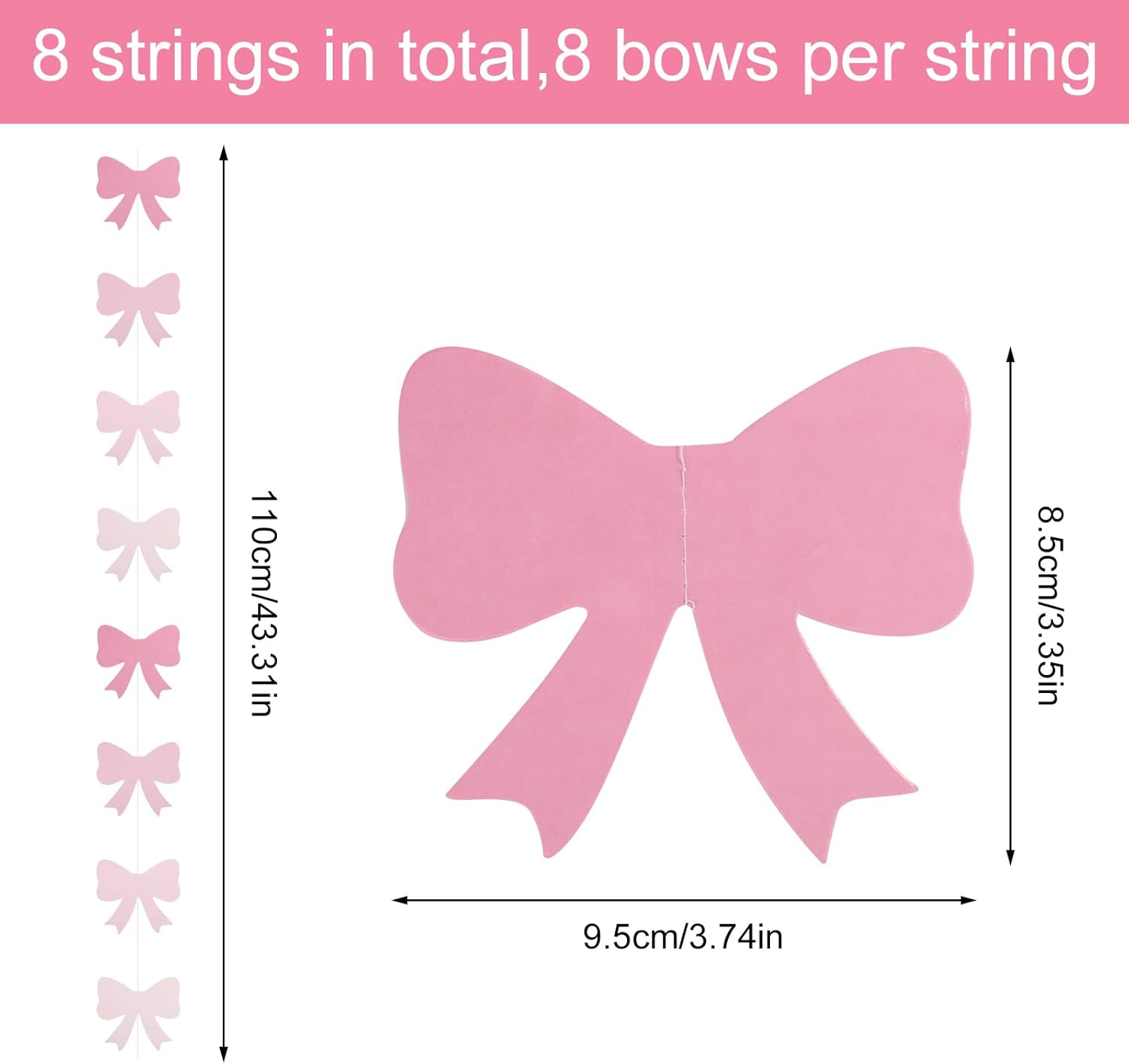 Gosknor 8Pcs Pink Paper Bow Banners, Party Decoration, Curved Shape, for Bow Theme Parties image number 4