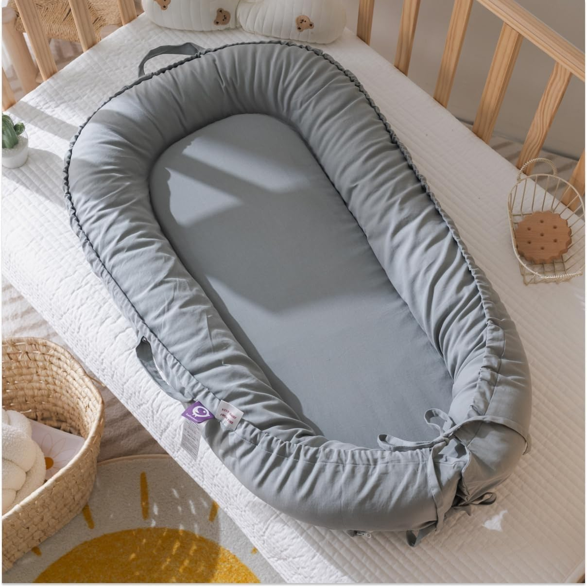 Coocoobaby Infant Lounger, Baby Nest Cover for Baby Girls & Boys, Newborn Essentials for Baby 0-12 Months, 100% Cotton Breathable, Co Sleeper Portable Travel Bed (Slategray) image number 6