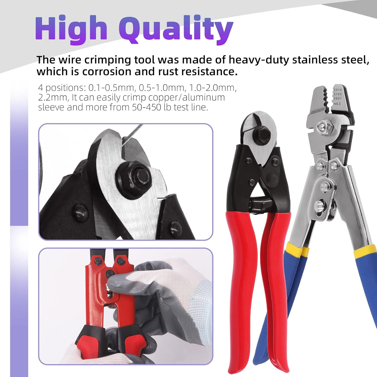 Swpeet 83Pcs Wire Rope Crimping Tool Set, Cable Crimps up to 2.2Mm and Cable Cutter up to 5/32", 3 Size Aluminum Double Crimping Loop Sleeve, 2 Size Stainless Steel Thimble and Cut Resistant Gloves image number 3