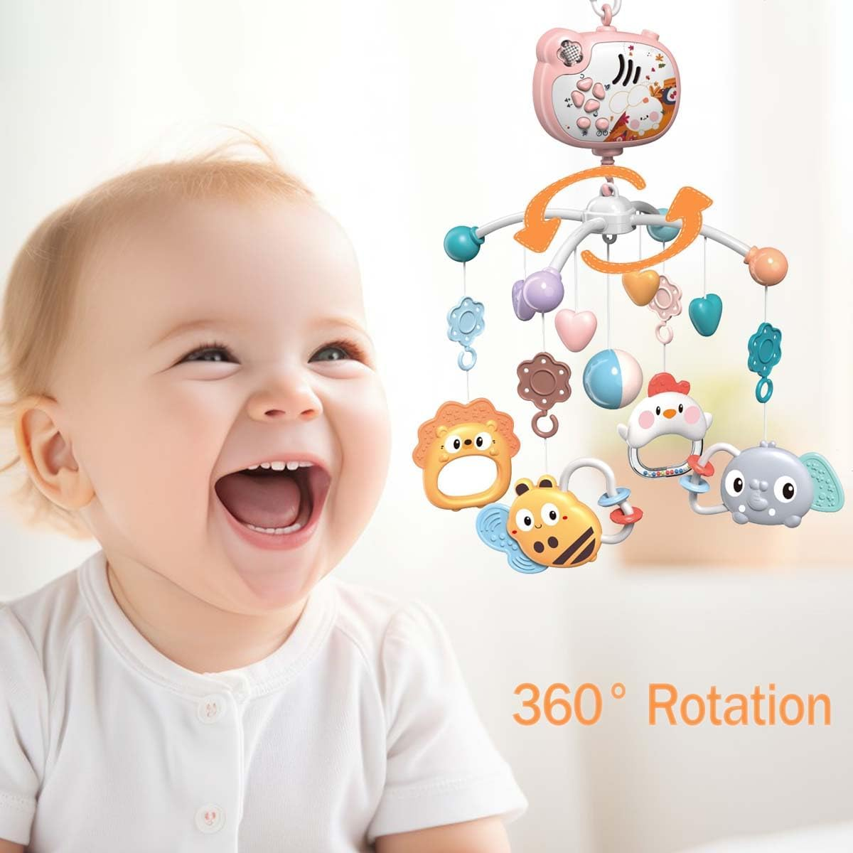 Baby Crib Mobile with Musical, Night Light ＆ Moon Star Projector, Mobile for Crib with Remote Control Timing Function, 360&deg; Rotation Crib Toys for Newborn Infant Boys and Girls(Pink) image number 3